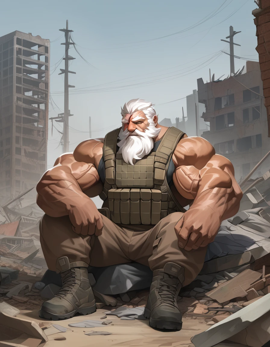 semirealistic:1.3, extremely detailed, detailed face, detailed eyes, detailed muscle, (view full body), ((1man)), ((huge muscular old man soldier sitting resting in the ruins of the building)), massive muscular, thick arms, pectoral, the old man is soldier and (wearing soldier uniform), old man (facial hair, beaded, white beard, battel scar face, short hair, white hair, strong character, strong muscle), (background ((waster land, post-apocalypse, ruined city)))