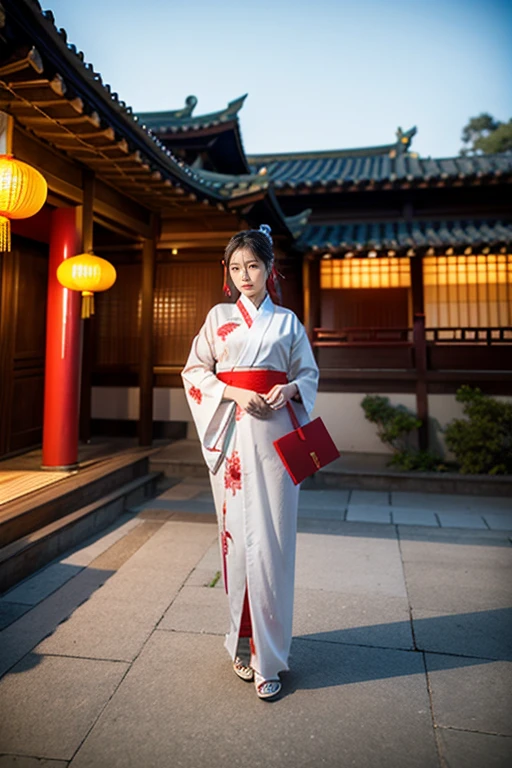 Portrait Realistic Photography Daytime wide-angle photo, full body of Japanese woman, wearing a long, light, flowing white kimono with a red dragon pattern, slit in the middle of the chest, showing off her breasts. Empty and tattooed, with a red Chinese dragon pattern, holding a Chinese-style fan in her hand, with houses with Chinese patterns, red lanterns hanging, red paper envelopes scattered on the ground, with detailed, intense patterns alternating with delicate, light Chinese patterns, wearing sparkling, clear glass slippers, with an ancient Chinese house in the background, with fireflies, strong contrast, 80k uhd resolution, all full body, sharp image, angle of view showing the entire. ความละเอียดสูง, ผลงานชิ้นเอก, รายละเอียดสูง, คุณภาพที่ดีที่สุด, 