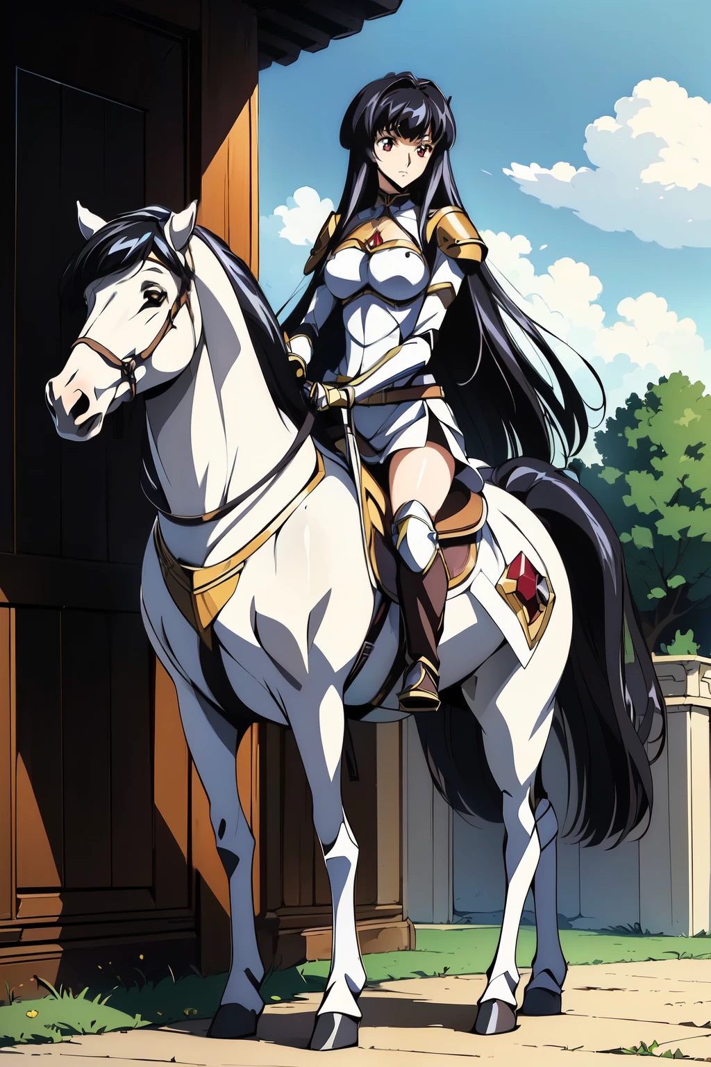 ((best quality)), ((masterpiece)), (high detailed), 8k, (codeGeass:1.2), cinematic lighting, perfect face, small breast, cleavage, (((female knight riding a HORSE)), (sakuya sumeragi, blunt bangs, long hair, {black hair}, red eyes), (breastplate, shoulder pads, white miniskirt, bare legs, greaves, black boots)), ((white horse, saddle, reins, bridle, stirrups)), solo, in the grassland, both hand holding rein, from side: 1.2, anatomically correct 