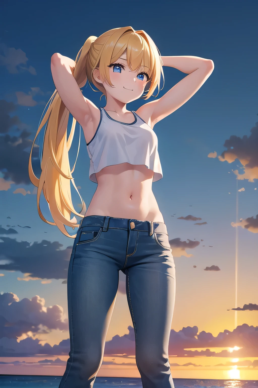 A beautiful yellow ponytail hair young girl of ****, smiling happily with arms raised behind her head, wearing a white tank top half undressed, flared jeans (1:1 ratio), and standing in a sexsual pose, orgasmic expression, view from below, detailed facial features, photorealistic, ultra-detailed, cinematic lighting, dramatic sunset beach, ocean, shine sky, highly detailed, masterpiece, best quality, 8k, HDR