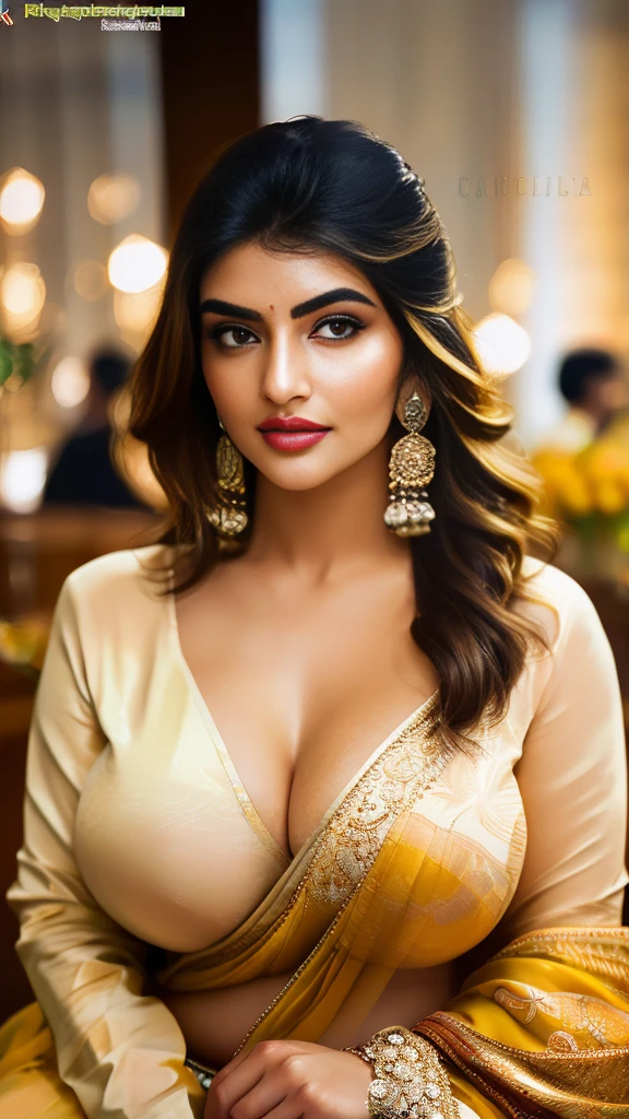 perfect sexy eyes, fantastic face, Indian, beautiful look, ((sexy lips, bright eyes, curve heir 1.5)), ((beautiful details very big enomours large huge gigantic breast )), (Straight round and ultra huge clevage, not sagging breast), A glorious gorgeous, glorious gorgeous face, pretty face, bright eyes, detailed elegant printed sexy  saree, updo elegant hair, blurred sexy tones background, ultra focus, face ilumined, face detailed, 8k resolution, painted, dry brush, brush strokes, razumov style and garmash style, by Tokaito,  ((Full Open ))