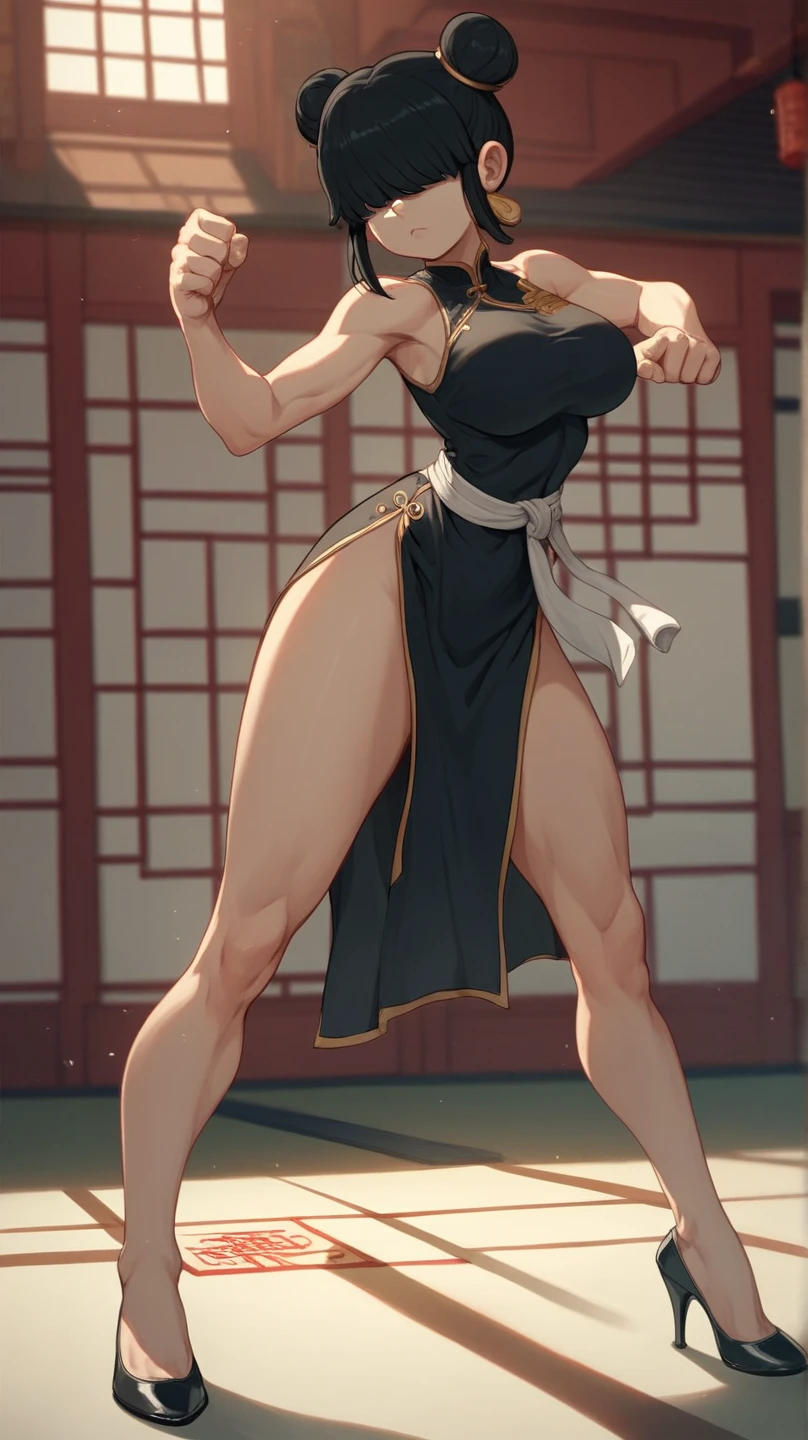 Lucy Loud, 1girl, solo, 24yo girl, large breasts, hair over eyes, black cheongsam, inside of a chinese temple, looking at viewer, black hair, two hair buns, hands score_9, score_8_up, score_7_up,high heels, teep fighting stance,martial arts