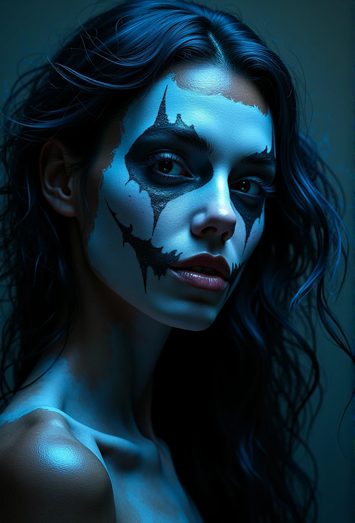 a beautiful black womanwith blue skin, black hair with metallic blue highlights, empty eyes, wearing a porcelain mask with a jester-esque feel, high quality, 8k, hyperrealistic, intricate details, cinematic lighting, moody atmosphere, dramatic lighting, dark fantasy, surreal, concept art style beautiful wicked smile 