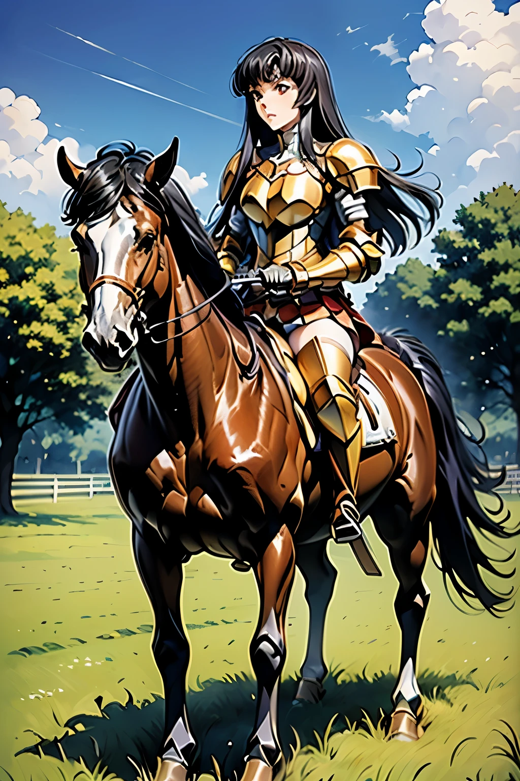 ((best quality)), ((masterpiece)), (high detailed), 8k, (codeGeass:1.2), cinematic lighting, perfect face, small breast, cleavage, (((female knight riding a HORSE)), (sakuya sumeragi, blunt bangs, long hair, {black hair}, red eyes), (breastplate, shoulder pads, white miniskirt, bare legs, greaves, black boots)), (white horse, saddle, reins, bridle, stirrups), solo, in the grassland, both hand holding rein, from side: 1.2, anatomically correct 