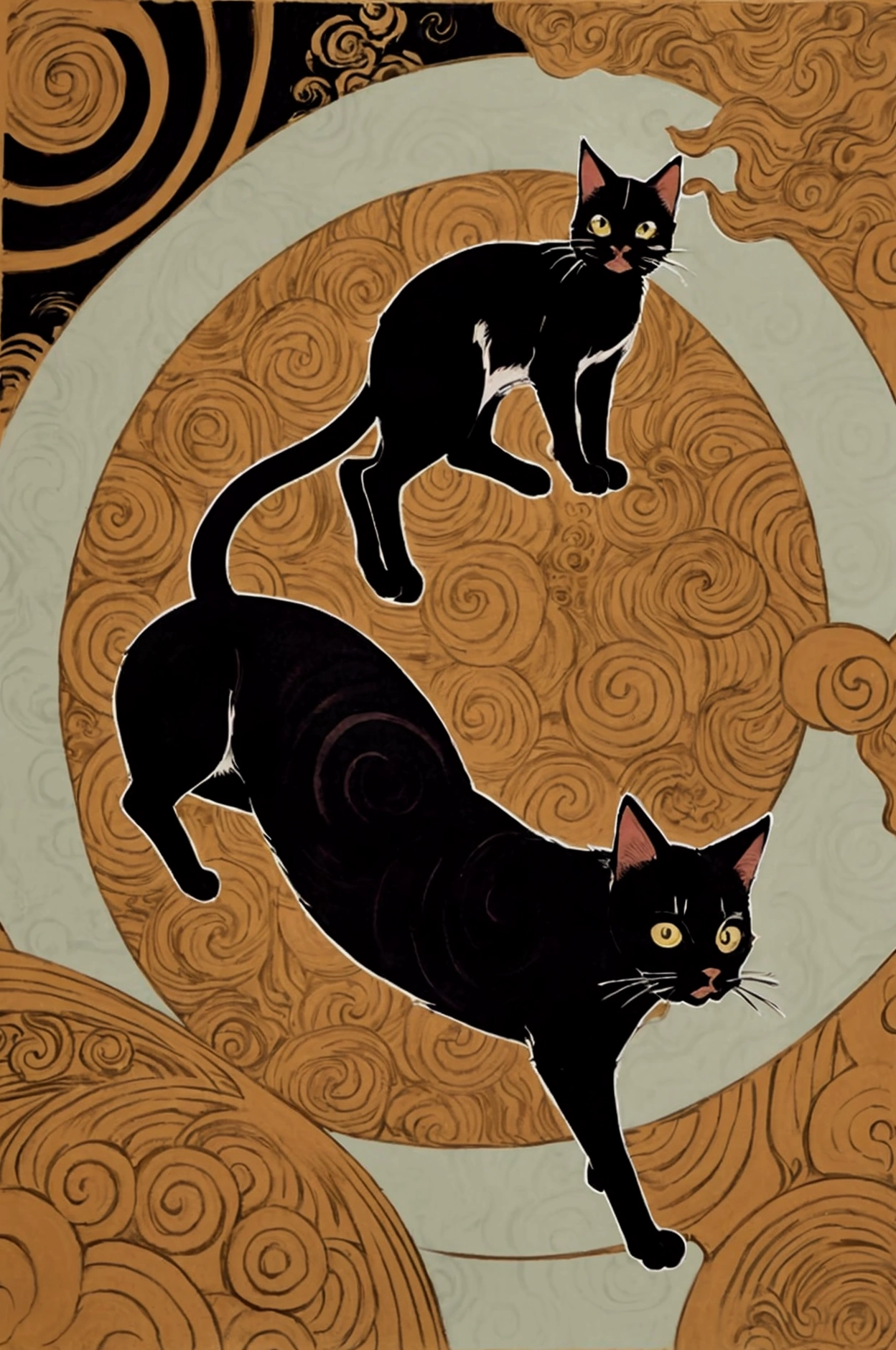  circle inspired by Utagawa Kunimasa、junji ito’s uzumaki、Swirl、 Ukiyo-e、There is a circular picture of animals and people in a 、cat