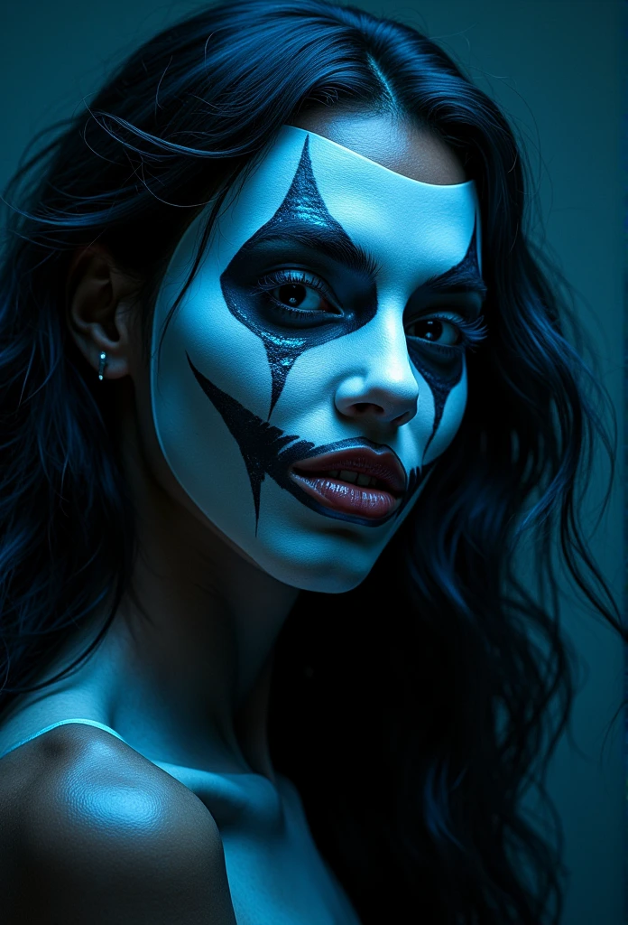 a beautiful black womanwith blue skin, black hair with metallic blue highlights, empty eyes, wearing a porcelain mask with a jester-esque feel, high quality, 8k, hyperrealistic, intricate details, cinematic lighting, moody atmosphere, dramatic lighting, dark fantasy, surreal, concept art style beautiful (((( wicked smile ))))