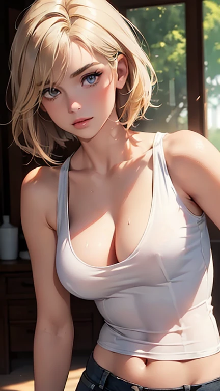 ((((masterpiece, best quality, high resolution)))), Extremely detailed 8K, Beautiful girl with slender body, (Ultra HD, Ultra-detailed, Highly detailed, Highly realistic, Ultra-realistic, photograph realistic), (1girl:1.5), (Realistic blonde hair with dark roots), short wavy hair, bob cut, (dynamic poses), facing at camera, light smile, (beautiful detailed face, beautiful detailed eyes), (white tank top, thin material), see through top, cleavage, dark jean shorts, glow, sweat, (sunbeam, sunlight), detailed makeup