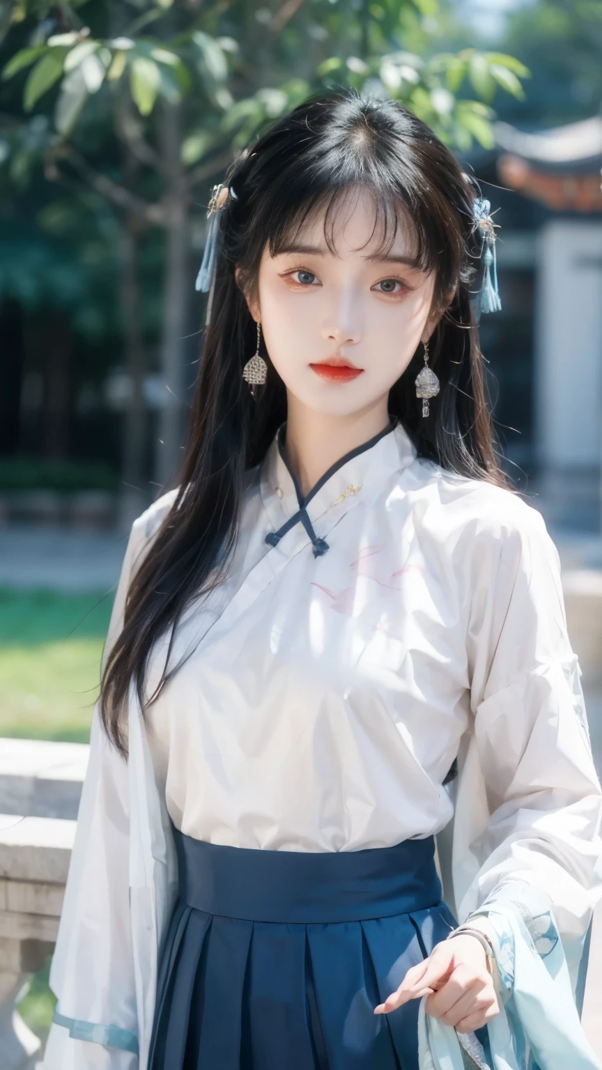 ulzzang-6500-v1.1,(RAW photo:1.2),((photorealistic:1.4)) is the best quality , masterpiece , illustration, extremely fine and beautiful , extremely detailed ,CG ,unified ,8k wallpaper, Amazing, fine details, masterpiece , is the best quality,official art, extremely detailed CG unified 8k wallpaper,荒谬of结果, incredibly 荒谬of结果, 巨大of文件大小, super detailed, high resolution , extremely detailed ,美丽详细of女孩, extremely detailed 眼睛 and face, Beautiful detailed eyes ,脸上of光, movie lights ,1 classical girl, looks at the audience,Outdoors, skirt, China人_clothing, earrings, China_skirt, depth_of_site,常设of,Hanfu