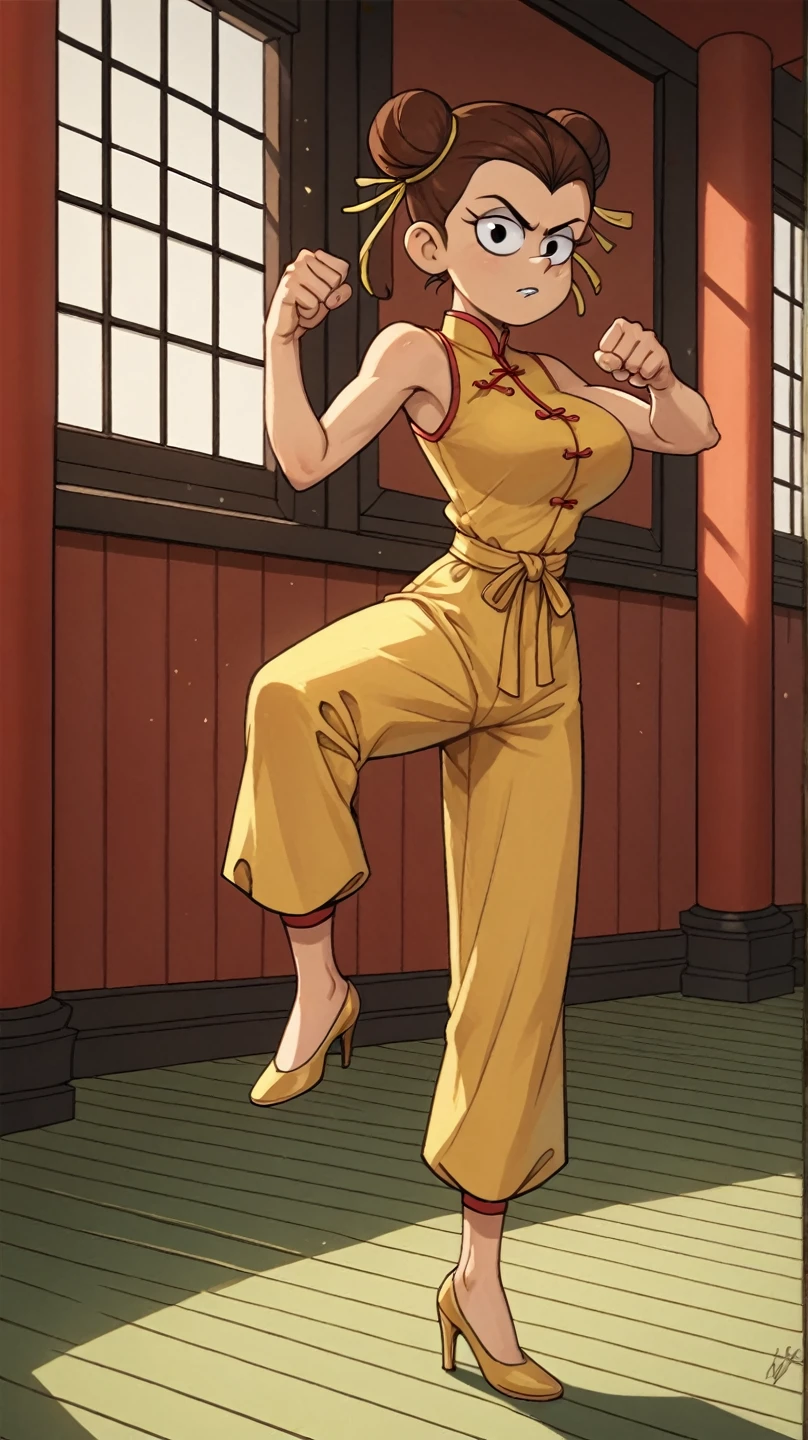 Luan Loud, 1girl, solo, 24yo girl, large breasts, yellow cheongsam, inside of a chinese temple, looking at viewer, brown hair, two hair buns, hands score_9, score_8_up, score_7_up,high heels, teep fighting stance,martial arts