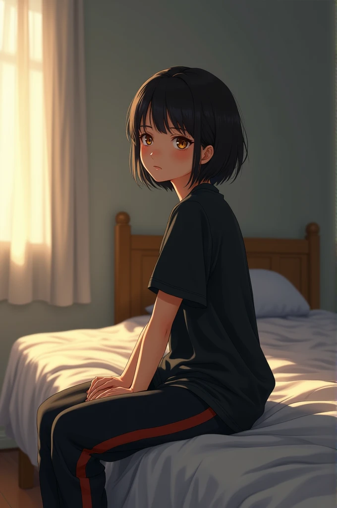 masterpiece, best quality, 1boy, solo, child, straight hair, very short hair, short bangs, black hair, black eyes, black t-shirt, blue shorts, sitting on bed, looking at viewer, frown