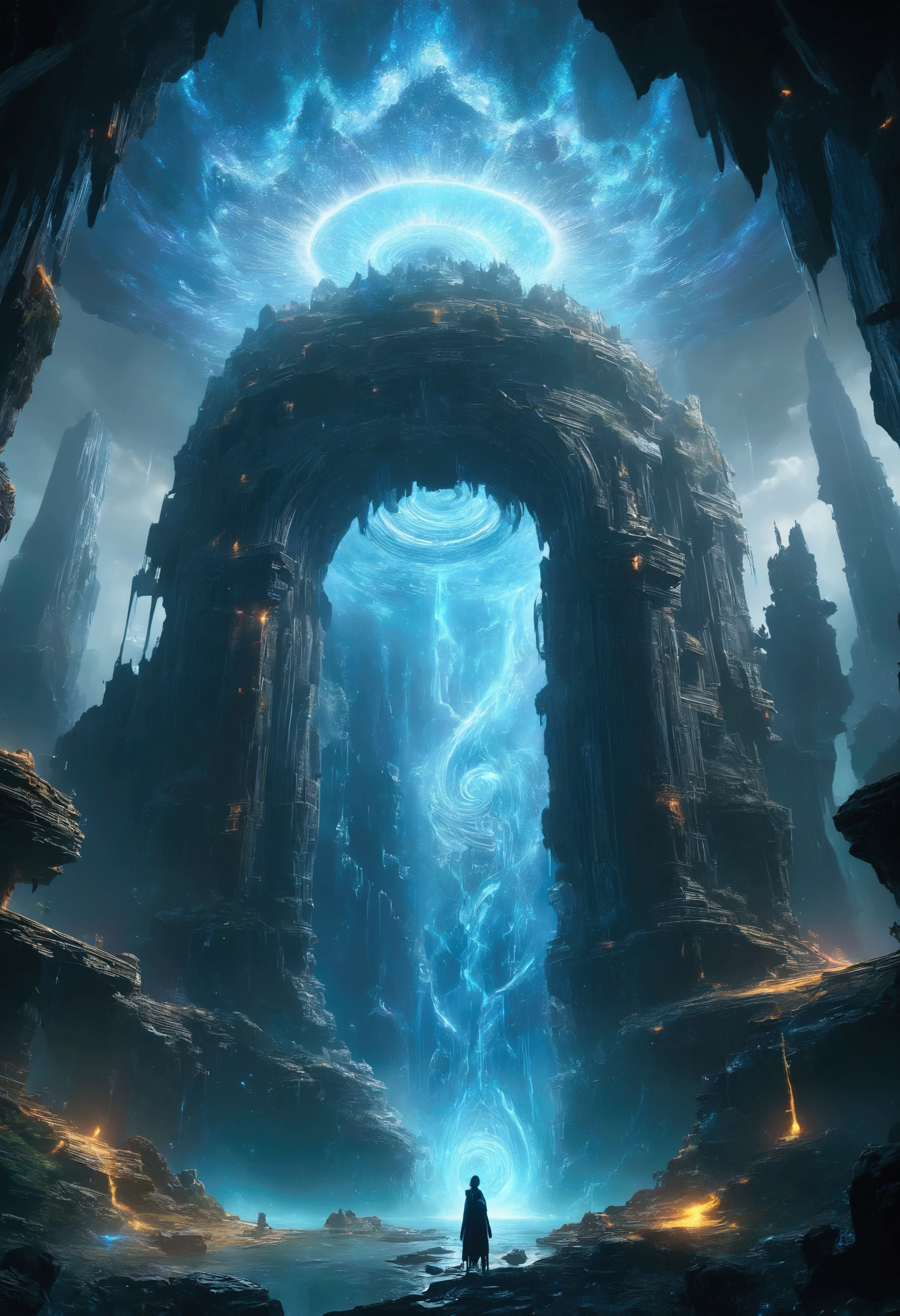 a portal to another dimension, glowing magical portal, swirling vortex of energy, surreal otherworldly landscape, ethereal floating islands, glowing blue energy field, towering crystalline structures, dramatic lighting, dynamic camera angle, cinematic composition, intricate details, vibrant colors, photorealistic style, (best quality,8k,highres,masterpiece:1.2),ultra-detailed,(realistic,photo-realistic:1.37),concept art