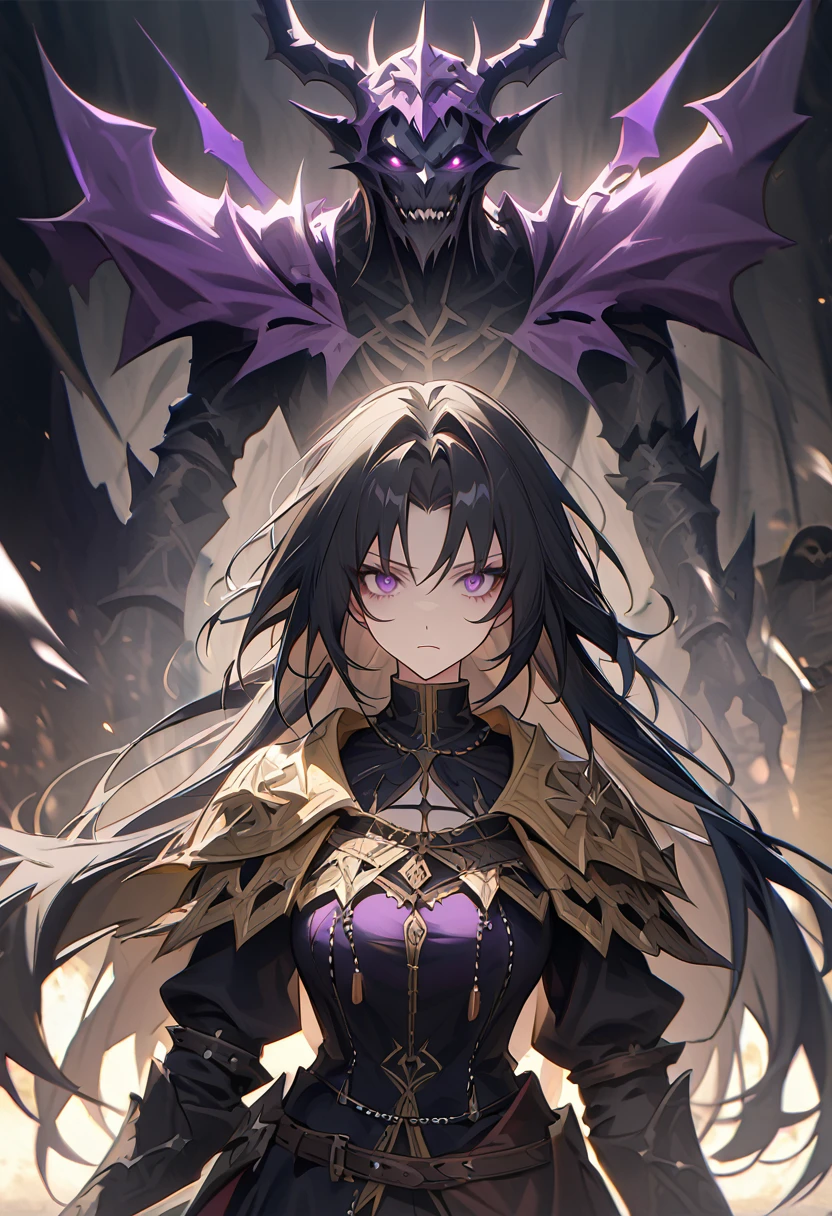 heartless anime girl, demon lord of envy, regal clothing, long straight black hair, purple demon eyes, widow vibes, scary, intimidating, wtich, medieval, emotionless expression, cold and heartless, evil, mature, light novel art,