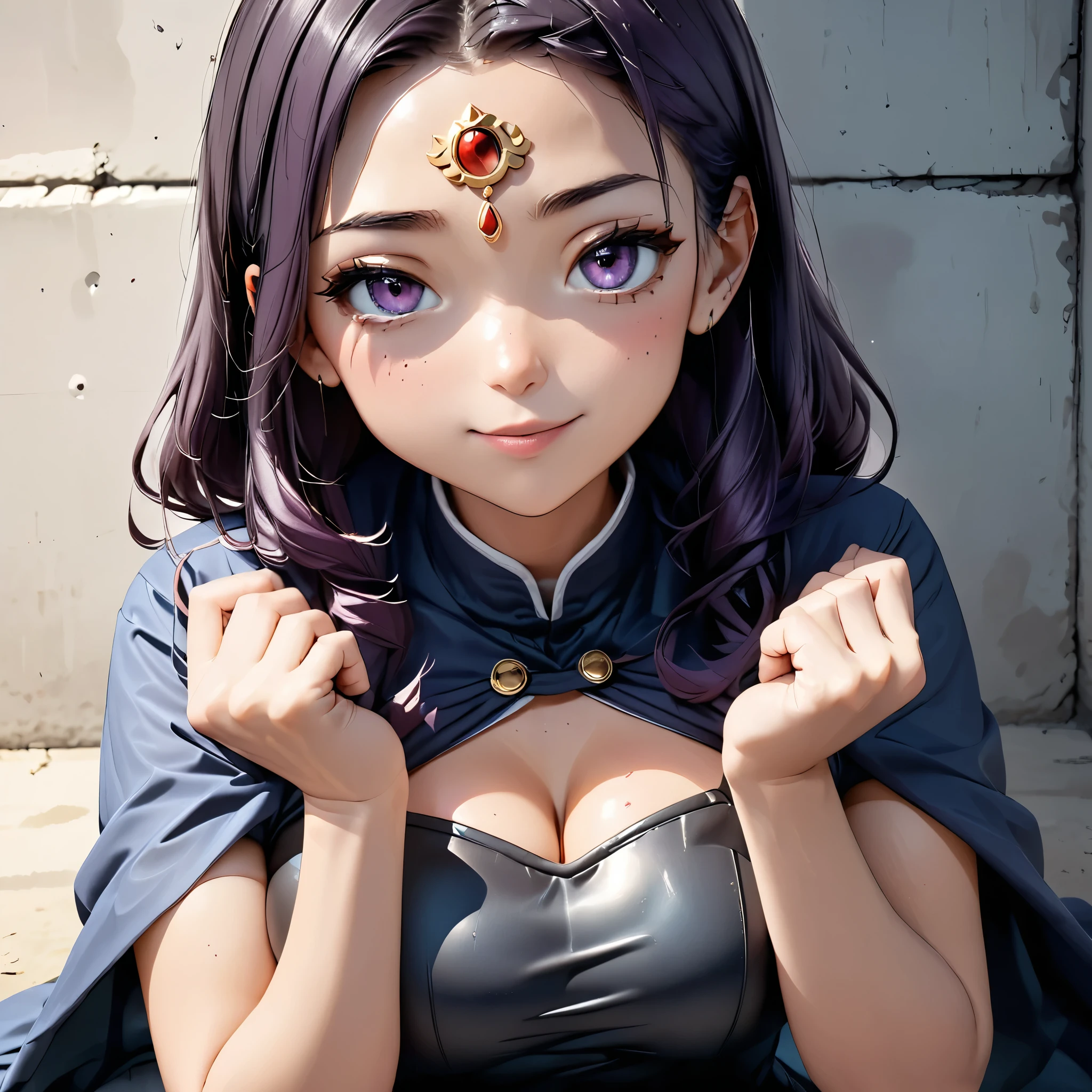 Masterpiece, 4K, HDR, full HD, (best quality), (ultra detailed), (only), intricate ANIME TYPE, best quality, 1girl, ((deep purple hair)) , hyper beautiful face, perfect anatomy, shiny skin, full body, alone, long hair, looking at viewer, perfect hands, perfect legs, super detailed clothes, intricate clothes, hyper detailed cloths, super detailed face, super detailed skin, super detailed quality, expressive eyes, brown eyes, super detailed eyes, JK, epngekatsuragimisato ,  SDXL Illustration Design Pretty Girl Two-dimensional Pretty Girl Digital Painting Comic Ukiyo-e Watercolor Manga Other,ROUGH, smile, blushing, dynamic pose, American shot, cowboy shot, portrait quality, super detailed hands, super detailed fingers, very beautiful fingers, very beautiful hands, The image created is 3/4 of the body, bright red lipstick, standing facing the viewer, stylized fingers, detailed female fingers, RavenTT, 1girl, Alone, grey skin, cape, purple hair, purple eyes, forehead jewel, short hair, leotard, looking at viewer, belt,boots, 