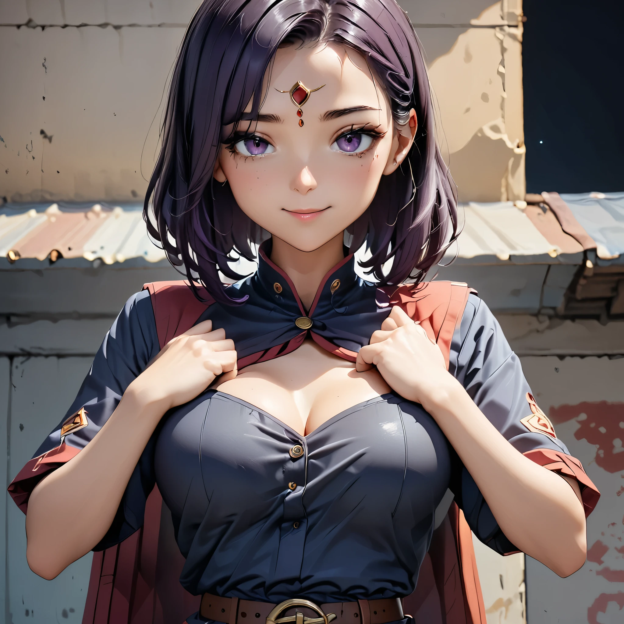 Masterpiece, 4K, HDR, full HD, (best quality), (ultra detailed), (only), intricate ANIME TYPE, best quality, 1girl, ((deep purple hair)) , hyper beautiful face, perfect anatomy, shiny skin, full body, alone, long hair, looking at viewer, perfect hands, perfect legs, super detailed clothes, intricate clothes, hyper detailed cloths, super detailed face, super detailed skin, super detailed quality, expressive eyes, brown eyes, super detailed eyes, JK, epngekatsuragimisato ,  SDXL Illustration Design Pretty Girl Two-dimensional Pretty Girl Digital Painting Comic Ukiyo-e Watercolor Manga Other,ROUGH, smile, blushing, dynamic pose, American shot, cowboy shot, portrait quality, super detailed hands, super detailed fingers, very beautiful fingers, very beautiful hands, The image created is 3/4 of the body, bright red lipstick, standing facing the viewer, stylized fingers, detailed female fingers, RavenTT, 1girl, Alone, grey skin, cape, purple hair, purple eyes, forehead jewel, short hair, leotard, looking at viewer, belt,boots, 