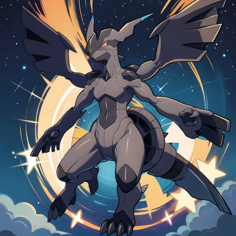 zekrom, solo, closed mouth, starry sky background, full body, flying, outstretched arms,