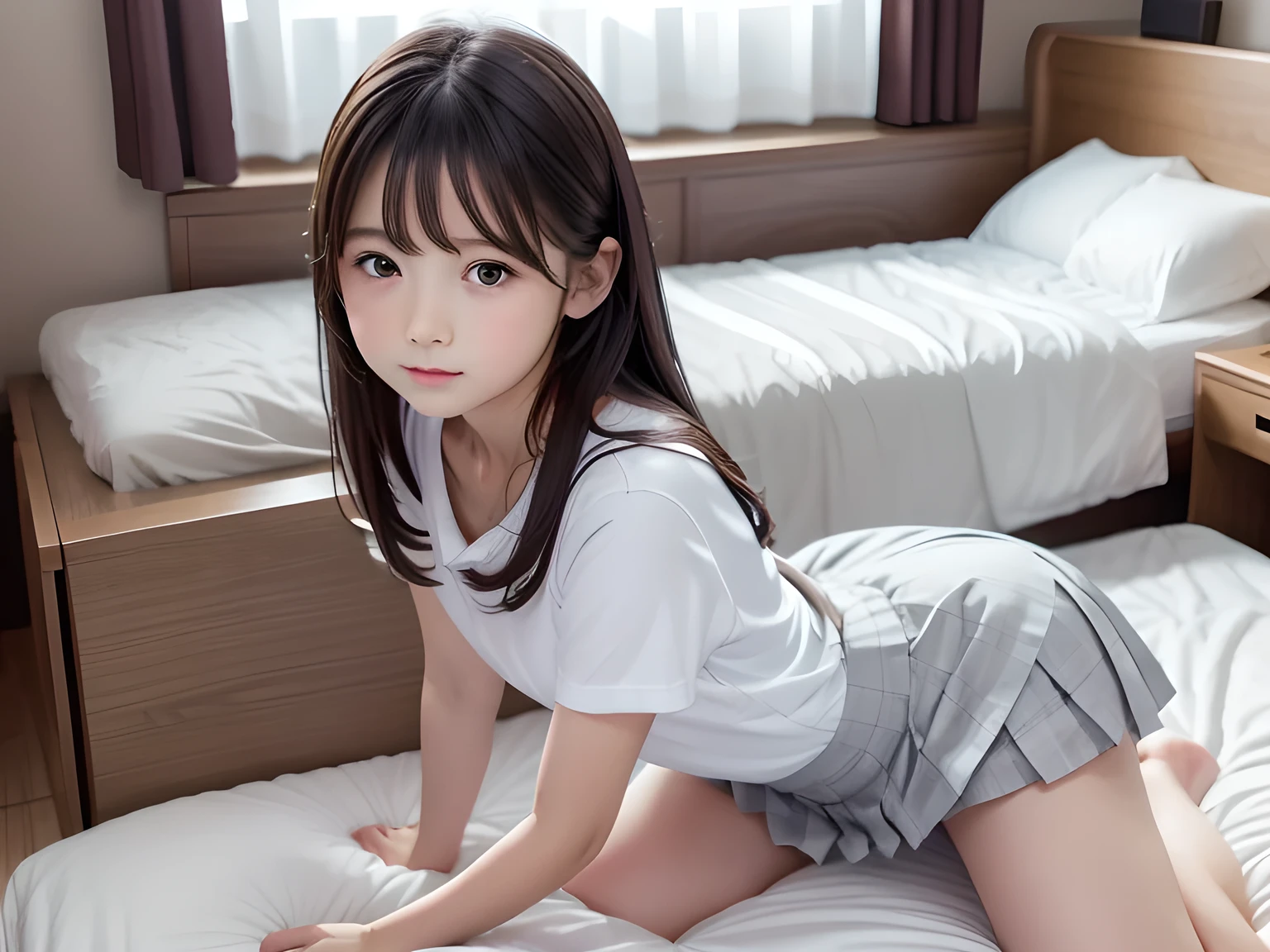 masterpiece,  high quality,  high resolution on down,  **************************, *********,  one girl, Kogara, Big Eyes,  pleated skirt, (( white miniskirt)),  white shirt with shoulders out,  long black hair ,  on the bed, Masturbation, Lie down, sleep,  embarrassed expression, Leg spread, Climax,