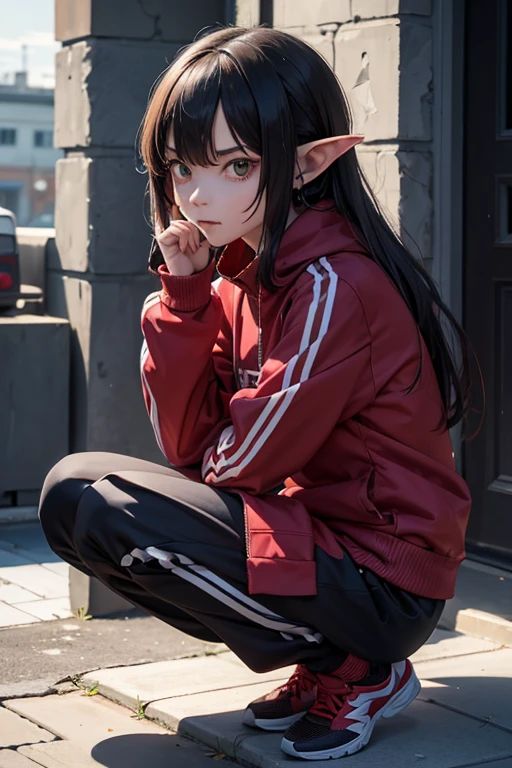 A goblin-girl in a tracksuit sits on his haunches with a defiant expression on his face