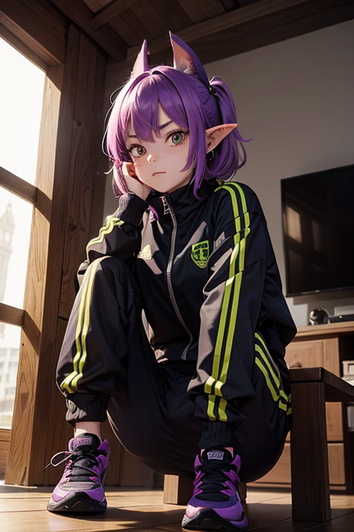 A goblin-girl in a tracksuit sits on his haunches with a defiant expression on his face