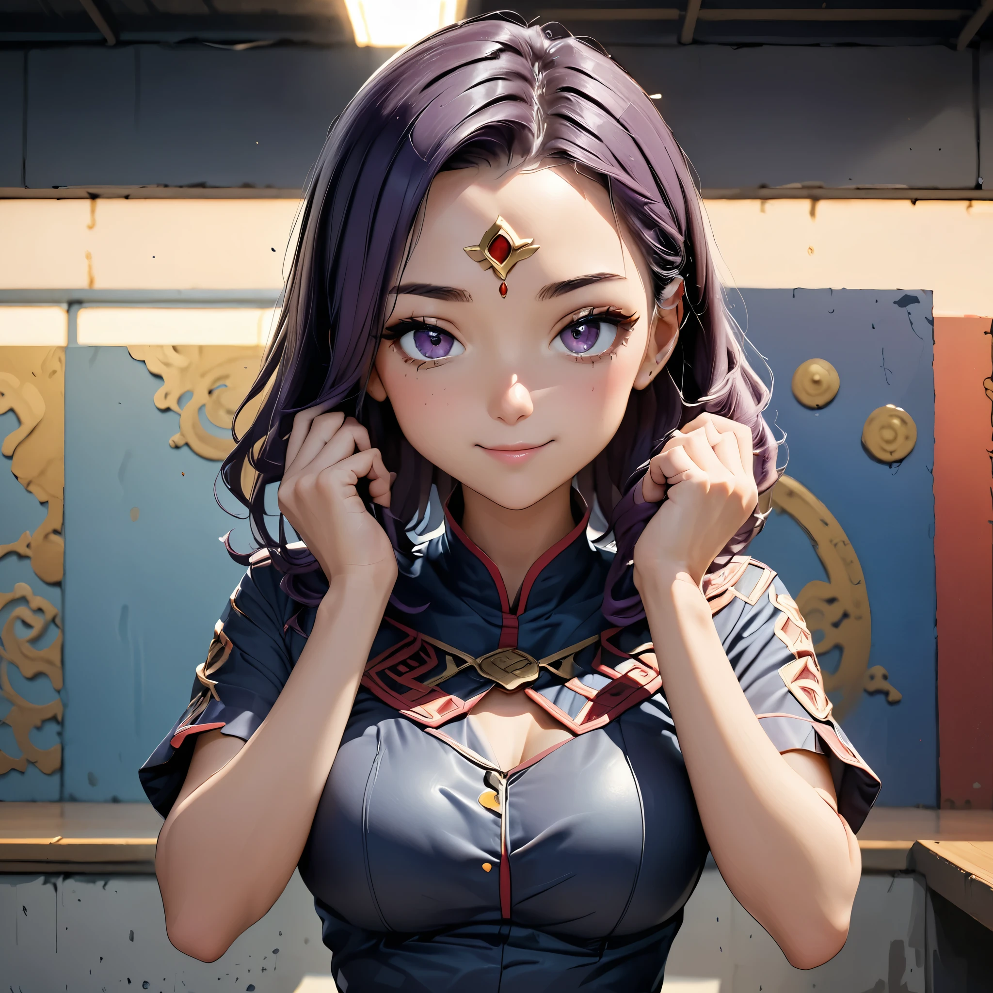 Masterpiece, 4K, HDR, full HD, (best quality), (ultra detailed), (only), intricate ANIME TYPE, best quality, 1girl, ((deep purple hair)) , hyper beautiful face, perfect anatomy, shiny skin, full body, alone, long hair, looking at viewer, perfect hands, perfect legs, super detailed clothes, intricate clothes, hyper detailed cloths, super detailed face, super detailed skin, super detailed quality, expressive eyes, brown eyes, super detailed eyes, JK, epngekatsuragimisato ,  SDXL Illustration Design Pretty Girl Two-dimensional Pretty Girl Digital Painting Comic Ukiyo-e Watercolor Manga Other,ROUGH, smile, blushing, dynamic pose, American shot, cowboy shot, portrait quality, super detailed hands, super detailed fingers, very beautiful fingers, very beautiful hands, The image created is 3/4 of the body, bright red lipstick, standing facing the viewer, stylized fingers, detailed female fingers, RavenTT, 1girl, Alone, grey skin, cape, purple hair, purple eyes, forehead jewel, short hair, leotard, looking at viewer, belt,boots, 