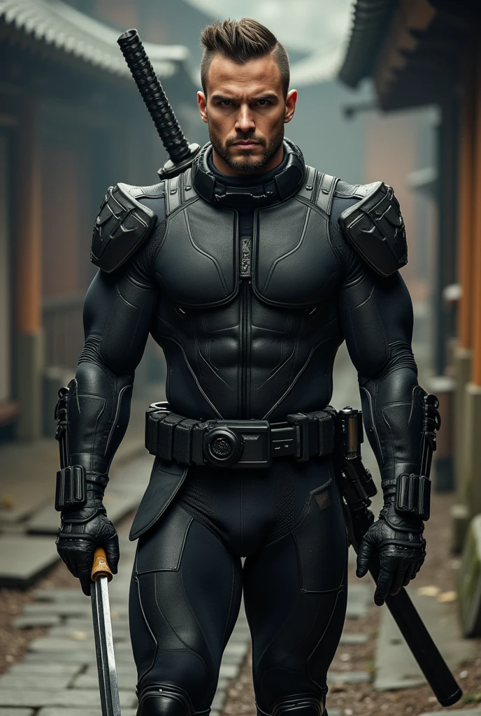 (masterpiece:1.2, Exceptional Quality, Mirror-like, Cinematic Experience, Best illustrations:2.0), Ultra-high resolution, Very detailed, 8k, wallpaper, (Super sexy man:0.5), (Super muscular:2.0), (Nicholas Alexander Chavez:2.0), (muscle male space soldier:2.0), (Muscular hairy Chest:2.0), (Elegant body:2.0), (Beautiful Eyes, Shining eyes, Detailed face, small beard, Beautiful skin texture:1.3, short undercut haircut:1.3), (Beautiful male hands:2.0), (Fine hand:2.0), (Hold a katana.:2.0), (combat Stance:2.0), (He is wearing a form-fitting, black tactical suit.:2.0), (In a feudal castle in Japan:2.0), (Super sexy:2.0), (Very muscular thighs:2.0), (Super functional:2.0), (Cyberpunk:2.0), (SF:2.0), (Visual Effects:2.0), (full body shot:2.0), (dynamic:2.0), (Serious:2.0)