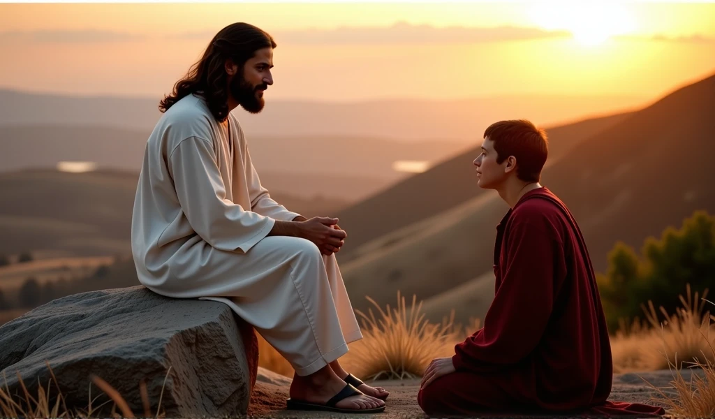 Jesus, dressed in simple ancient robes, is seated on a large rock outdoors, speaking calmly with one of his disciples who is kneeling nearby, fully engaged in listening. The scene takes place at sunset, with warm, golden light illuminating the scene, casting a peaceful and divine glow over Jesus and the disciple. In the background, soft, rolling hills and a serene sky add to the sense of tranquility. The disciple listens attentively, dressed in traditional robes, with a humble and reverent posture. The atmosphere is one of deep wisdom and connection, set against a natural and peaceful landscape