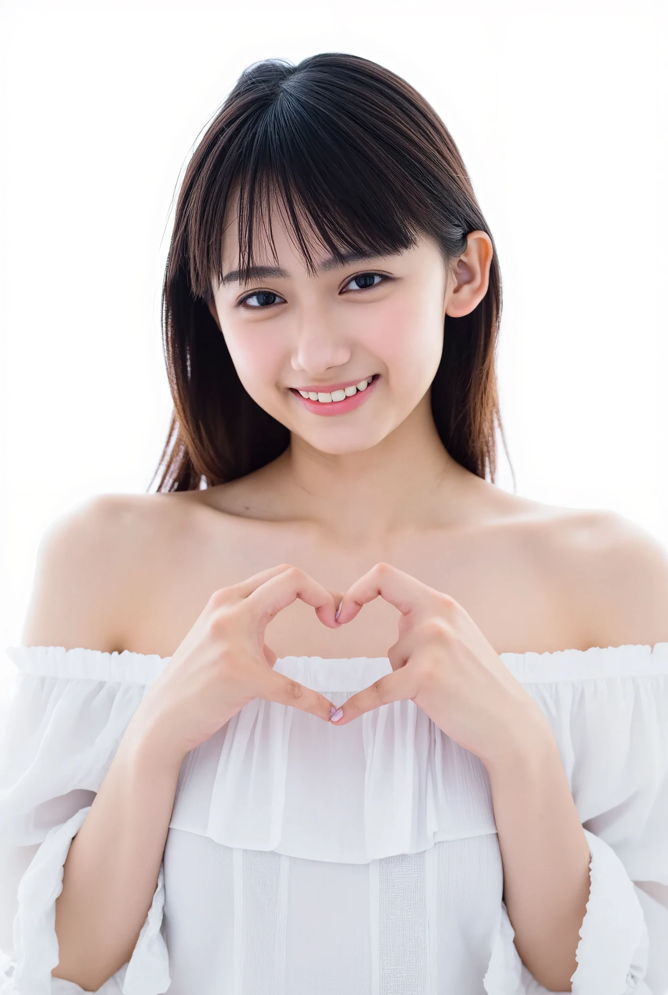 She is smiling, wearing off-shoulder pajamas, making a firm big heart shape with both hands, and holding them in front of her chest, View above collarbone、The background is a monotone 

