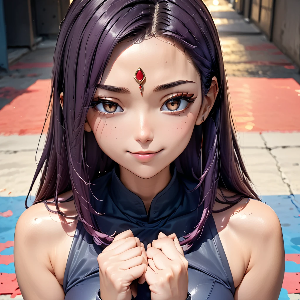 Masterpiece, 4K, HDR, full HD, (best quality), (ultra detailed), (only), intricate ANIME TYPE, best quality, 1girl, ((deep purple hair)) , hyper beautiful face, perfect anatomy, shiny skin, full body, alone, long hair, looking at viewer, perfect hands, perfect legs, super detailed clothes, intricate clothes, hyper detailed cloths, super detailed face, super detailed skin, super detailed quality, expressive eyes, brown eyes, super detailed eyes, JK, epngekatsuragimisato ,  SDXL Illustration Design Pretty Girl Two-dimensional Pretty Girl Digital Painting Comic Ukiyo-e Watercolor Manga Other,ROUGH, smile, blushing, dynamic pose, American shot, cowboy shot, portrait quality, super detailed hands, super detailed fingers, very beautiful fingers, very beautiful hands, The image created is 3/4 of the body, bright red lipstick, standing facing the viewer, stylized fingers, detailed female fingers, RavenTT, 1girl, Alone, grey skin, cape, purple hair, purple eyes, forehead jewel, short hair, leotard, looking at viewer, belt,boots, 