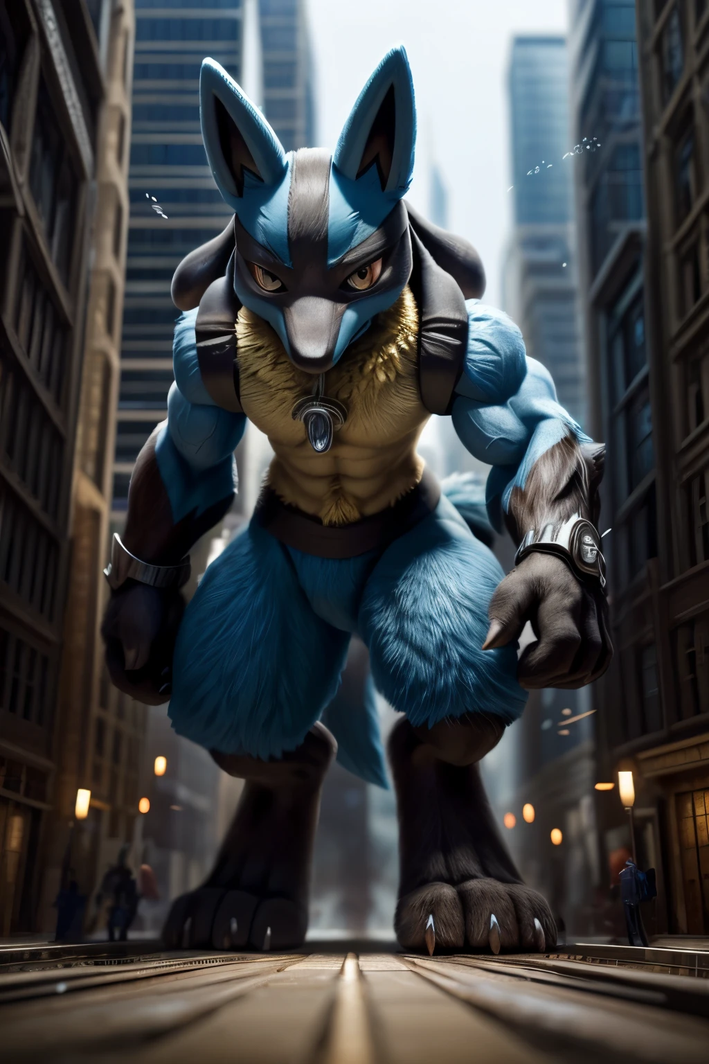 kemono, (Lucario), red and yellow fur, anthro, male, tail, muscles, handsome, heroic, toe claws, epic, depth of field, perfect lighting, (light particleest quality),(masterpiece),(ultra detailed),sharp focus,light particles, suggestive, macro in a miniscule city