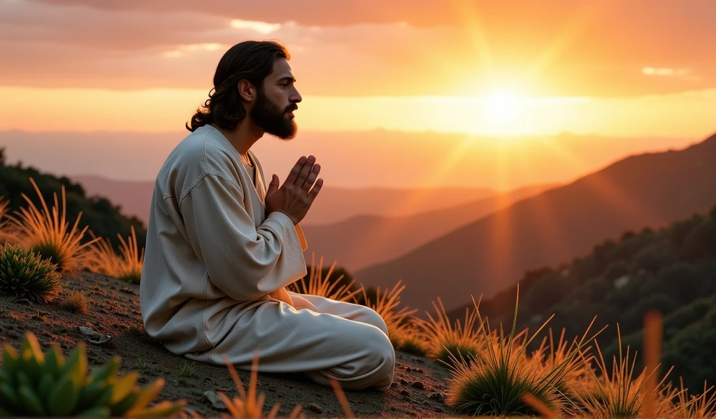  Realistic image of Jesus praying on a hill at dusk ,  with a warm and peaceful atmosphere .  He wears an ancient Hebrew style tunic in light tones ,  which shows signs of wear and tear , According to the biblical era .  It is facing the sky ,  with an expression of devotion and deep peace .  The background is a natural landscape with gentle hills and a descending golden light,  that illuminates his face and creates a sacred aura around him . Around you,  the vegetation is simple and natural ,  with the sky dyed with warm colors .  The composition and style are realistic ,  evoking an intimate and spiritual moment 