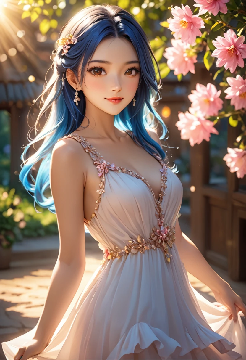 belle déesse 22 ans peau brillante cheveux rose vif. ailes de papillon sur le dos, yeux bleu clair détaillés gros seins de haute qualité. décolleté vêtements asiatiques et grecs. sourire, des ailes de papillon sortent de son dos
