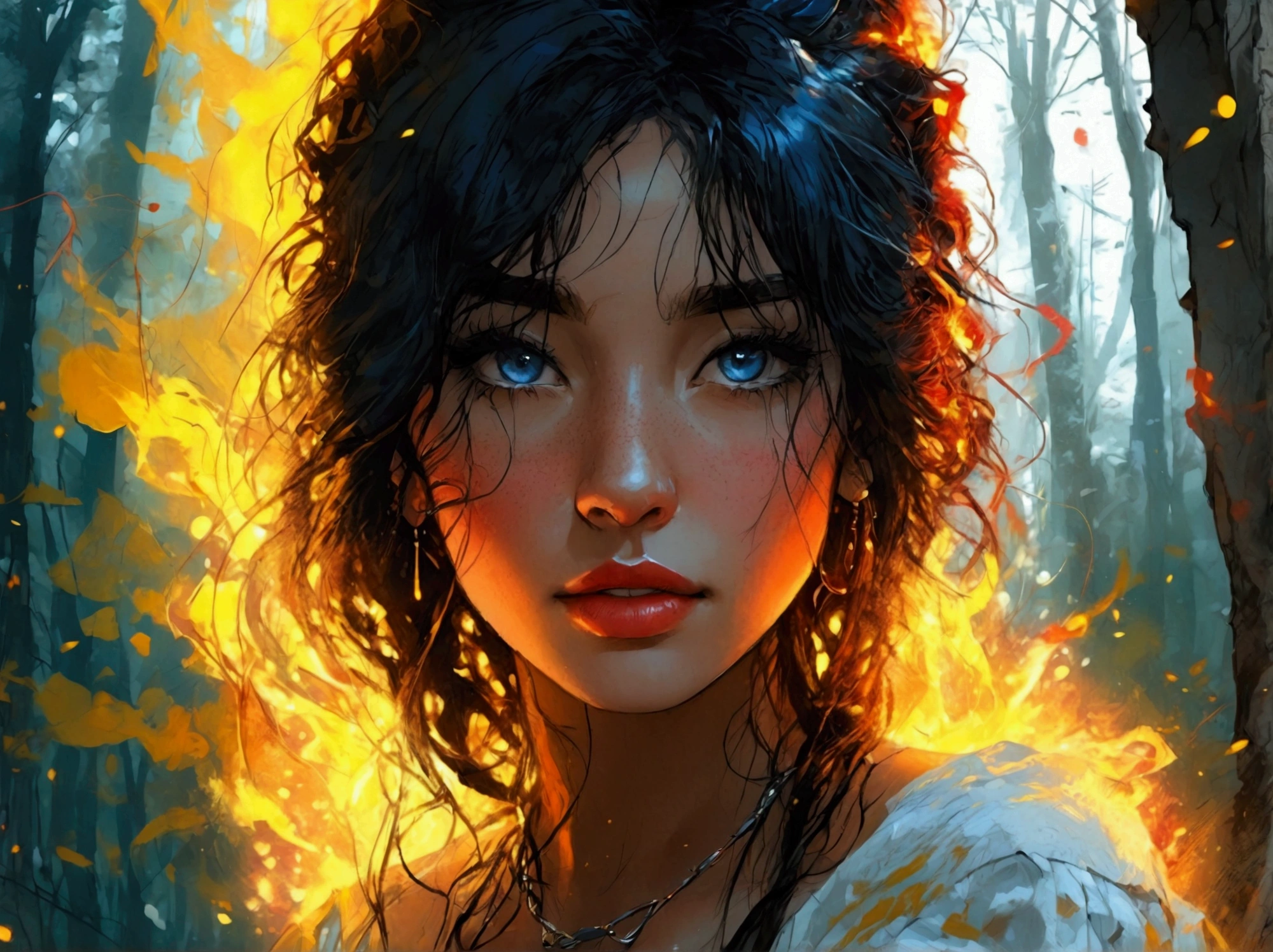  FACE OF A BEAUTIFUL WOMAN WITH MEDIUM-STRIPPED DARK HAIR,  in a forest, looking at me, VIBRANT FIRE YELLOW MACRO EFFECT HDR , deliberate, ::jason fabok   and yoji shinkawa  style ::2.0 comix illustration style,tatoon style , comic book style   ,beautiful woman with long  hair ultra detailed, (beautiful and clear background:1.2),, fantastic paintings ,graffit style,  flowers, olhos highly detaileds , a t-shirt or dressed in a white blouse underneath, position, and bracelets, , with long black hair , ,  out, vibrant,   ,high quality, ::Yoji Shinkawa Style ::estilo de Illustration comix 2.0,people style,  Comic book style ,  ultra detailed beautiful woman with long hair, (beautiful and clear background:1.2),, fantastic paintings,graphite style, flores, olhos highly detaileds, dressed in a blouse printed with letters, bracelets, fight , with long black hair, , vibrant, , fantastic paintings de joe madureira, high quality, beautiful model , beautiful , fantastic model, with long, ultra-detailed black hair, with light, no makeup,center , Light red PARTICLES shine stars , background marvelous effect , , perfect anatomy, Centralized,  getting closer to perfection, dynamic, highly detailed,  Watercolor Painting , ArtStation,  conceptual art , suave, sharp focus, Illustration, arte de carne griffiths e wadim kashin,,, , {best quality}, {{masterpiece}}, { highres icon}, extremely detailed girl, Alone, sharp focus,{{{beautiful detailed castle (background)}}}, {{{character{{{1 girl}}}}}}, Alone, light smile, closed mouth, {{{{beautiful detailed eyes}}}}, blue eyes, {{{{{looking at viewer}}}}},{{{{{sharp focus}}}}}, {{loli}}, {{{{{masterpiece portrait}}}}},full body, normal angle, shiny hair, very long hair, permed hair, {{{{{{beautiful detailed dress}}}}}}, silver hair, {{{{{{{beautiful detailed illustration}}}}}}}, {{{{{wind blowing}}}}}, {{{petals}}}, 3D rendering, octane render, Pixar, medium shot
