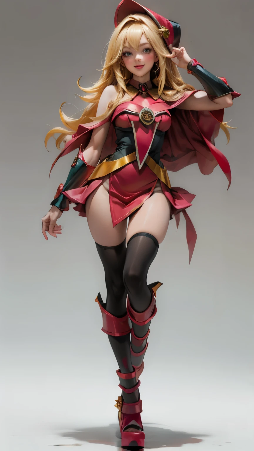  Magician girls , Japanese anime, Beautiful blonde girl in Alice miniskirt in a bright red Santa Claus costume. blonde hair.  green eyes.  red lips. blush on cheek.  She has tall gold boots. She wears black tights . She wears a miniskirt. Take full body. smile. Walking pose. white background. bottomless