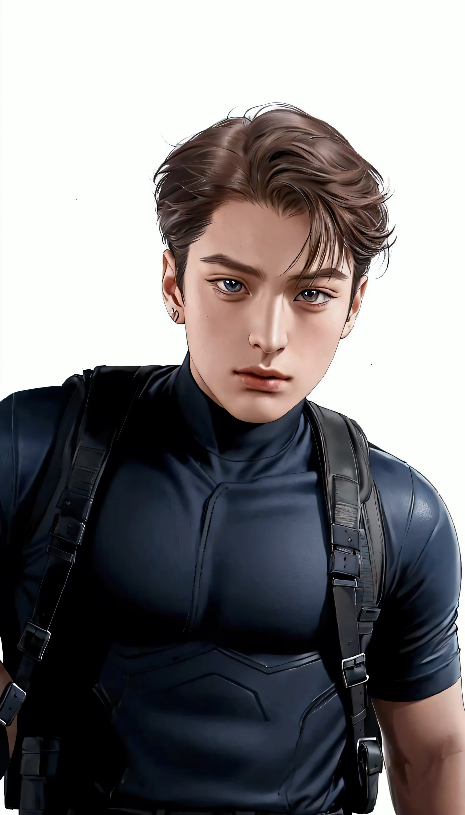 a close up of a person wearing a dark blue suit and a backpack, iu lee ji-eun as leon s kennedy, park shin hye as a leon s kennedy, jeon jungkook, resident evil character, inspired by Leon s kennedy, jungkook, highly detailed exquisite fanart, solo male character, kim hyun joo, glamorous jill valentine, kim jung giu, yayoi kasuma