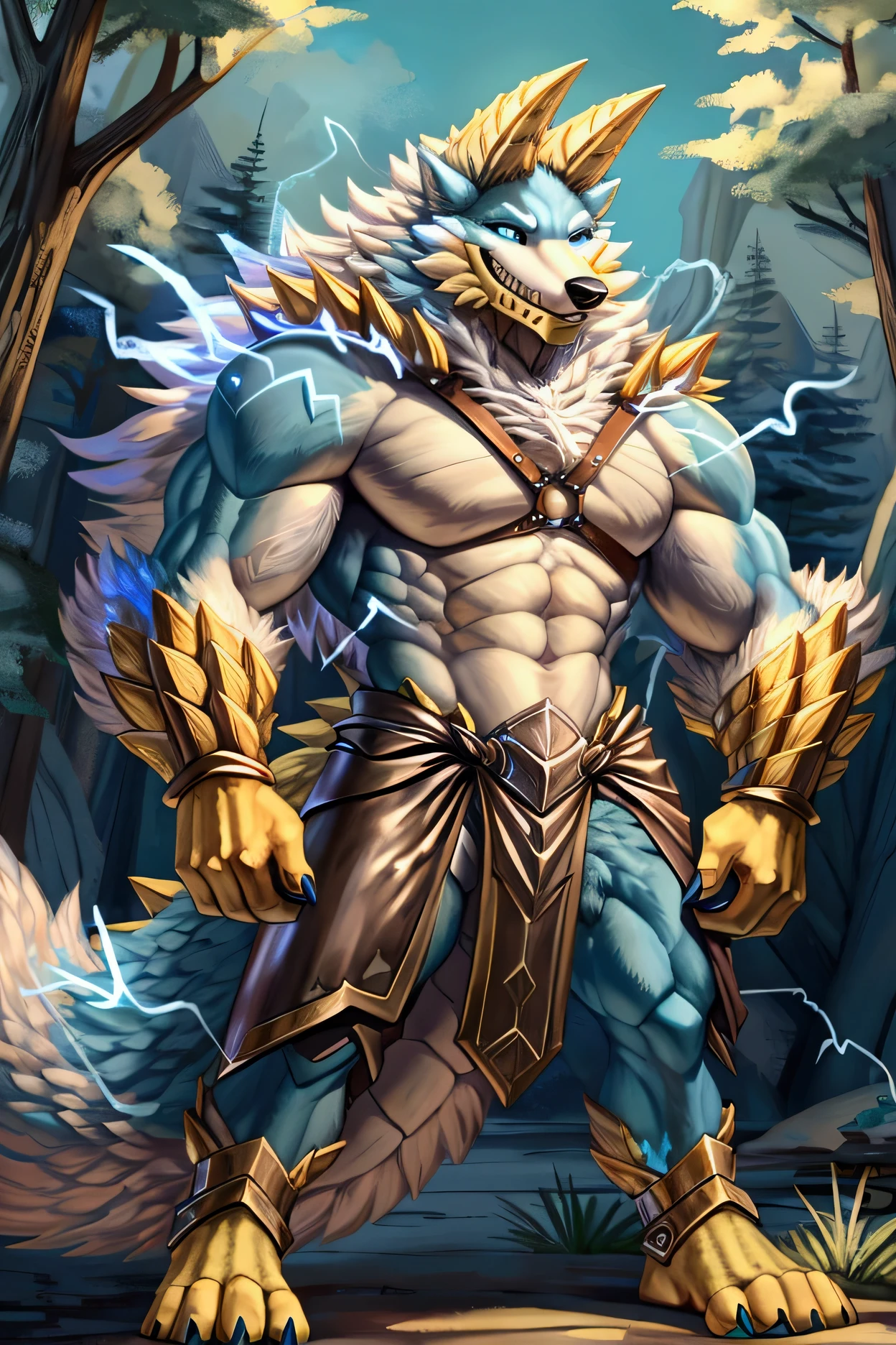 A fusion of a Wolf and a Dragon, Yellow horns, High Quality, 4K, Tall, long legs, Wolf tail,((full body, lightning aura, smile, blue body, white furry, yellow hand, yellow feet, blue face, Wolf Mouth, Fluffy Wolf TAIL)),((horns)),muscular,  Wolf Mouth, sharp teeth, spikes, detailed hands(4Fingers)), ,spikes, DETAILED FEET, , Epic armor, forest, Epic Leather Armor, Leather Armor, thick Leather Harness, Metal Buckle, Druid Armor, Nature Armor, Electricity aura, Relaxed Arms ((proportional)), Leather Belt pouches, Heavy Belt, Armored, Crackling Aura, Lighting Skin, 4FINGERS, Fluffy Wolf Tail, Relaxed Stance, Casual Stance, Deep Mountain Forest, tall(1.5), arms proportional to body, Druid Spear, high ornate armor, Fluffy Fur, stormy, Correct proportions, long legs
