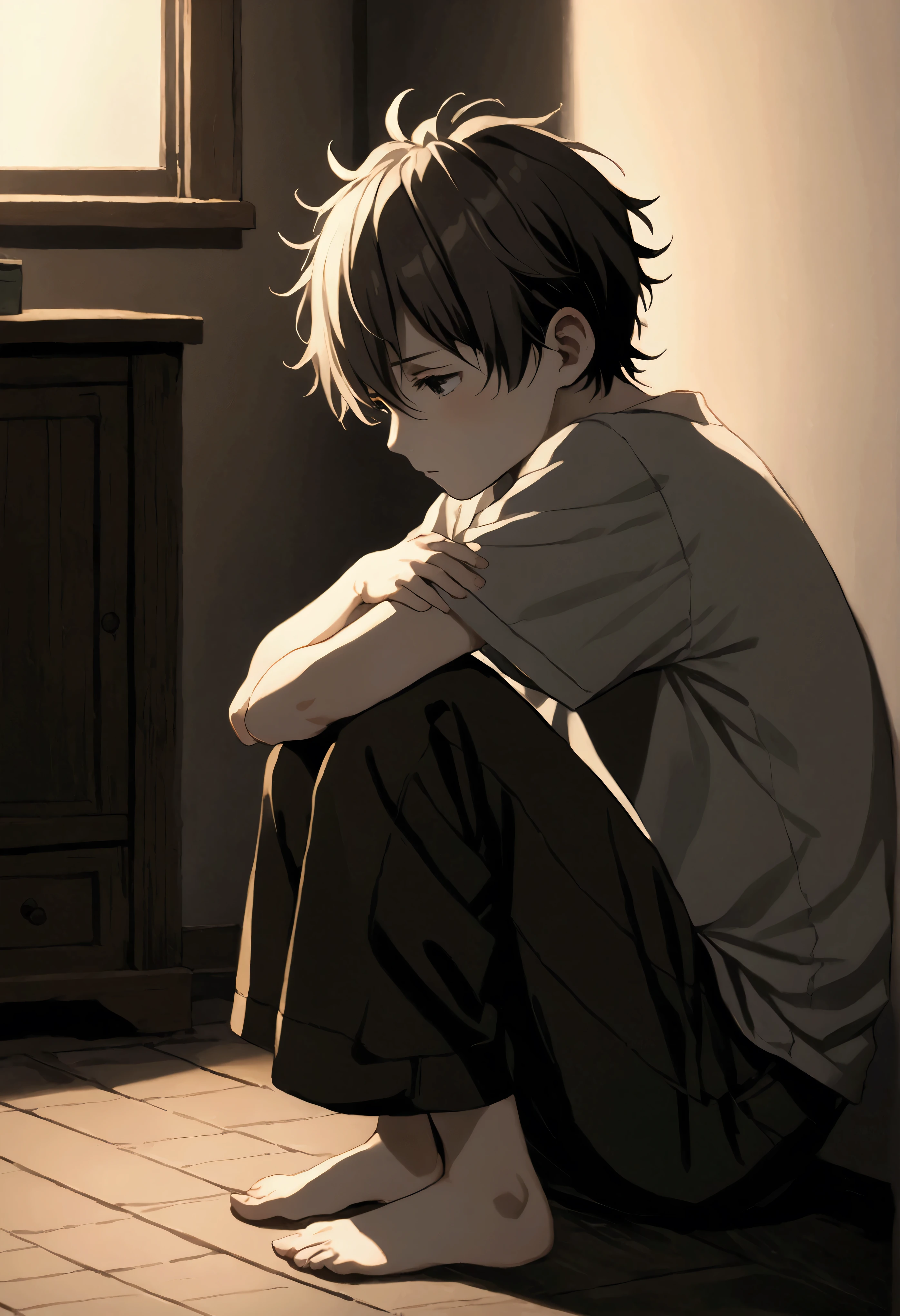 A young boy with messy hair and smooth, pale skin is sitting alone in a dimly lit room. Your eyes, large and filled with sadness , are hidden by a messy fringe that covers his face , intensifying his sense of sadness . Your posture is hunched over, and he hugs his knees tightly against his chest , looking at the floor emptily . The atmosphere is dense , with a soft and dark tone . Your clothes are simple, a loose shirt and worn pants , and the room around him is sparse , with just some furniture and a faint light entering through a small window . The general mood is one of solitude , vulnerability and quiet desperation .