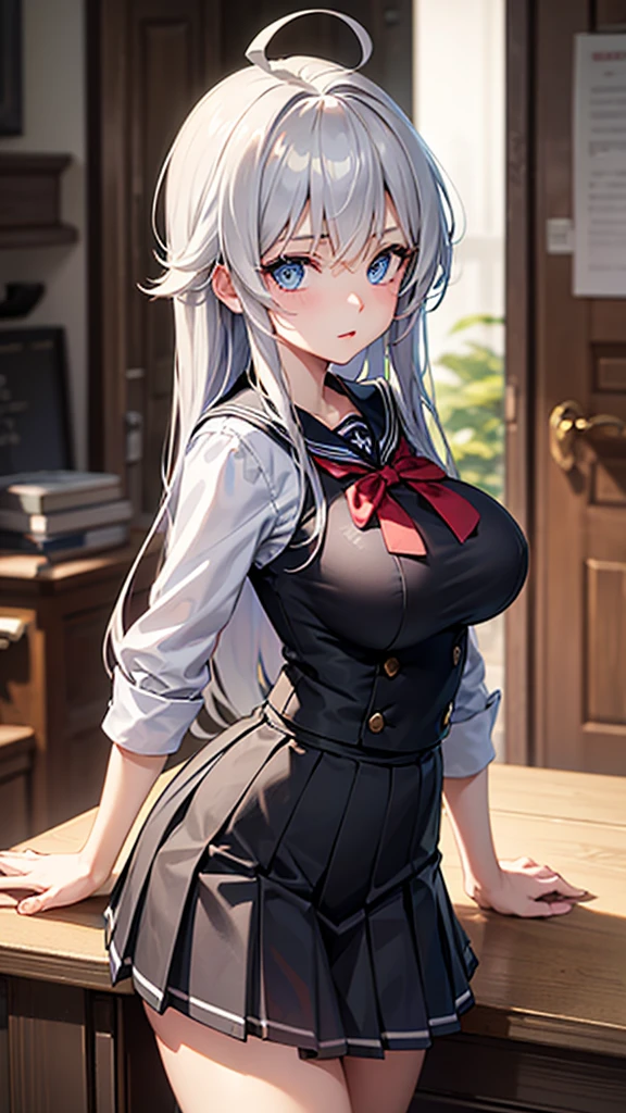 (highest quality, 32k, detailed), Long white hair, (Beautiful Eyes:1.2), Beautiful Face, ((One adult woman)), Arms behind head,White Shirt,((Sweat stains on armpits)),  A room in the company, window, Sweat, blush,