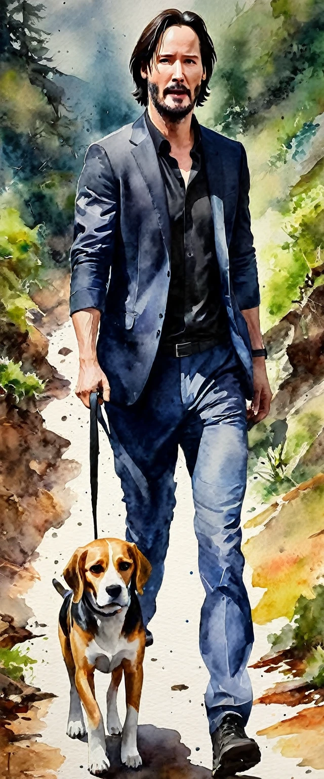 (masterpiece:1.2,  of the highest quality),(super detailed:1.2),8k,wallpaper,(watercolor),pretty woman painting ,( Keanu Reeves hiking with a beagle), full body ,John Wick style,forehead,black jacket,white shirt,black tie.  detailed face,,legal way