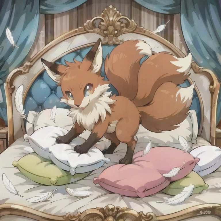  masterpiece ,Best_quality
Aloran_Six tails ,   Pokemon (biology),
  They've already allowed it_Six tails ,  European-style luxury bed，Pillow，在Pillow上， flying feathers on the pillow 
