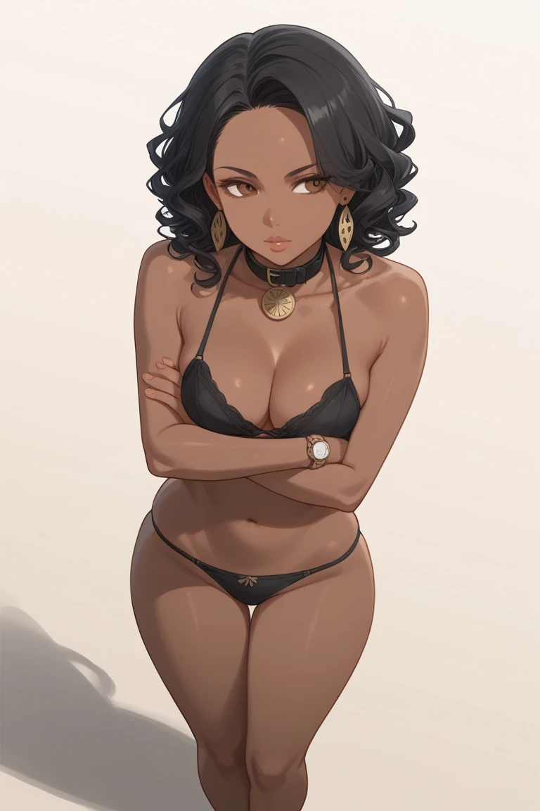 score_9, score_8_above, score_7_above, score_6_above, score_5_above, score_4_above, Assessment_ sure, 1 , joy, Alone,  Dark skin, mulher de Dark skin,  black hair ,  arms crossed, toys, hair ornament, collar, regata azul e  BLACK PANTIES, long curly hair, breasts, watching, wristwatching,  lips, aboveper body,  cleavage, BLACK PANTIES,  very  Dark skin, piercing, looking to the side,  brown eyes, ear piercing, medium breasts 