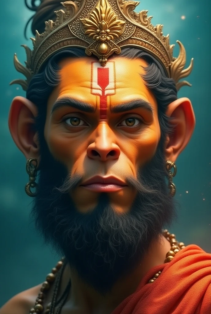 "Create an image of a powerful, muscular, and majestic humanoid figure with the head of a monkey, resembling Lord Hanuman full body. The figure should have long flowing hair, a fierce expression, and Blue eyes. He is adorned with the Indian tricolor (saffron, white, and green) draped as a sash across his chest, symbolizing patriotism. A prominent pendant with the Ashoka Chakra hangs around his neck. The background should be minimalistic, focusing on the figure's intense and divine presence, with subtle lighting highlighting the muscular definition and details of the figure."
