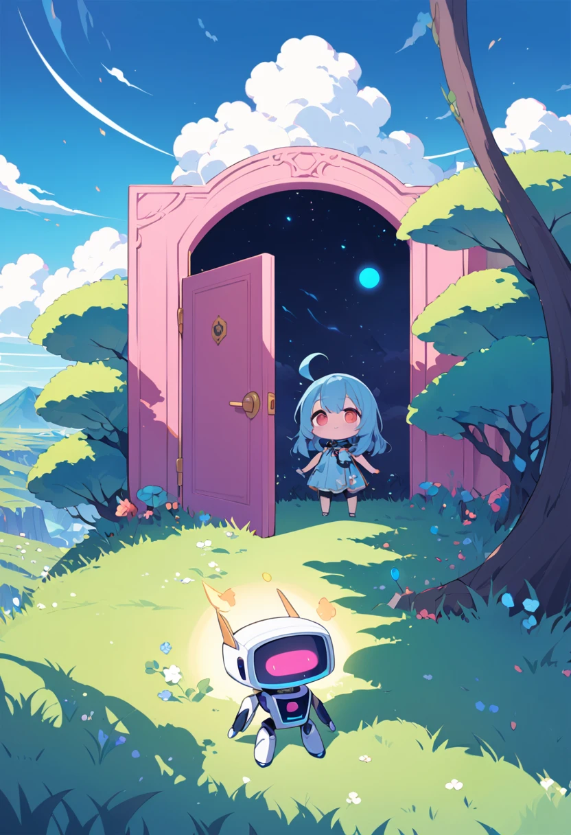 cute illustration,surreal landscape, pink door slightly ajar, glowing light leaking from inside, doorway to another world, grassy hill, chibi 1girl and chibi blue two heads robot,two heads,back view,clear blue sky with clouds, mysterious atmosphere, fantasy portal, vibrant colors, contrast between mundane and magical, inviting light, soft shadow,They push the door hard,door speech bubble says "PULL!!"