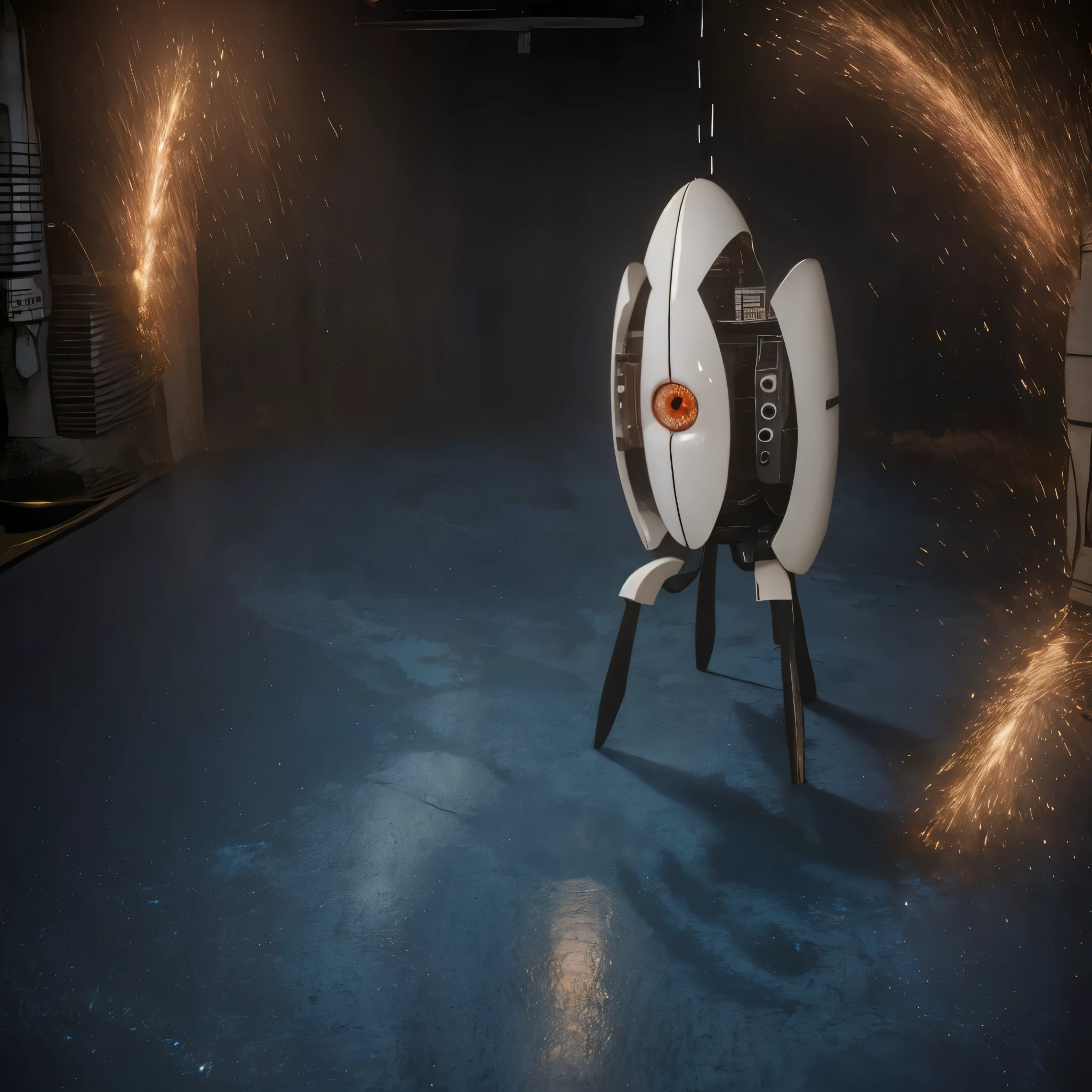 6+ portal_turret\(red eyes, glowing, cable, one-eyed, non-humanoid robot, looking at viewer,inside (blue:1.4) (portal)\). at laboratory. BREAK  .quality\(8k,wallpaper of extremely detailed CG unit, high resolution, top-quality, top-quality real texture skin, hyper realistic, increase the resolution, RAW photos, best quality, highly detailed, the wallpaper,golden ratio,high saturation realism, vibrant colors, dramatic lighting, persuasive storytelling, atmospheric scenery, captivating visuals, intricate details, strong emotions,dreamlike world\)