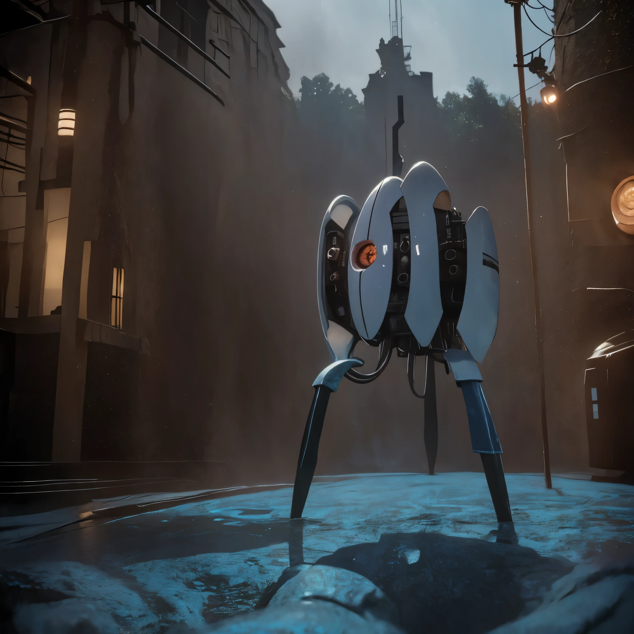 6+ portal_turret\(red eyes, glowing, cable, one-eyed, non-humanoid robot, looking at viewer,inside (blue:1.5) (portal:1.2)\). at laboratory. BREAK  .quality\(8k,wallpaper of extremely detailed CG unit, high resolution, top-quality, top-quality real texture skin, hyper realistic, increase the resolution, RAW photos, best quality, highly detailed, the wallpaper,golden ratio,high saturation realism, vibrant colors, dramatic lighting, persuasive storytelling, atmospheric scenery, captivating visuals, intricate details, strong emotions,dreamlike world\)