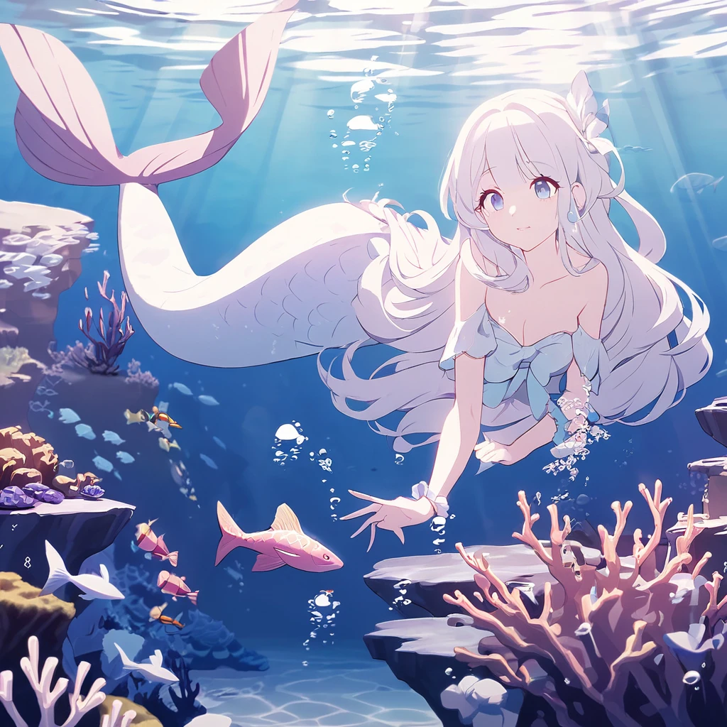 mermaid holding dildo, underwater sea, fish, bubble airs, long white hair, blue eyes, 