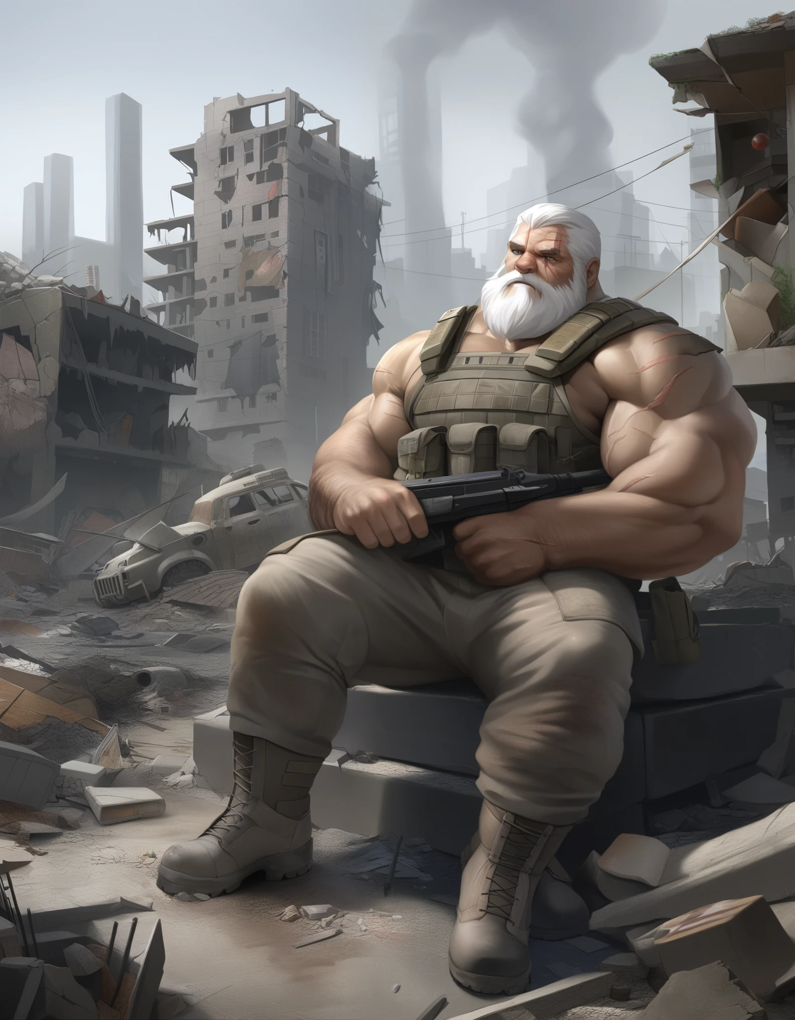 semirealistic:1.3, extremely detailed, detailed face, detailed eyes, detailed muscle, (view full body), ((1man)), ((huge muscular old man soldier sitting resting in the ruins of the building)), massive muscular, thick arms, pectoral, the old man is soldier and (wearing soldier uniform), old man (facial hair, beaded, white beard, battel scar face, short hair, white hair, strong character, strong muscle), (background ((waster land, post-apocalypse, ruined city)))