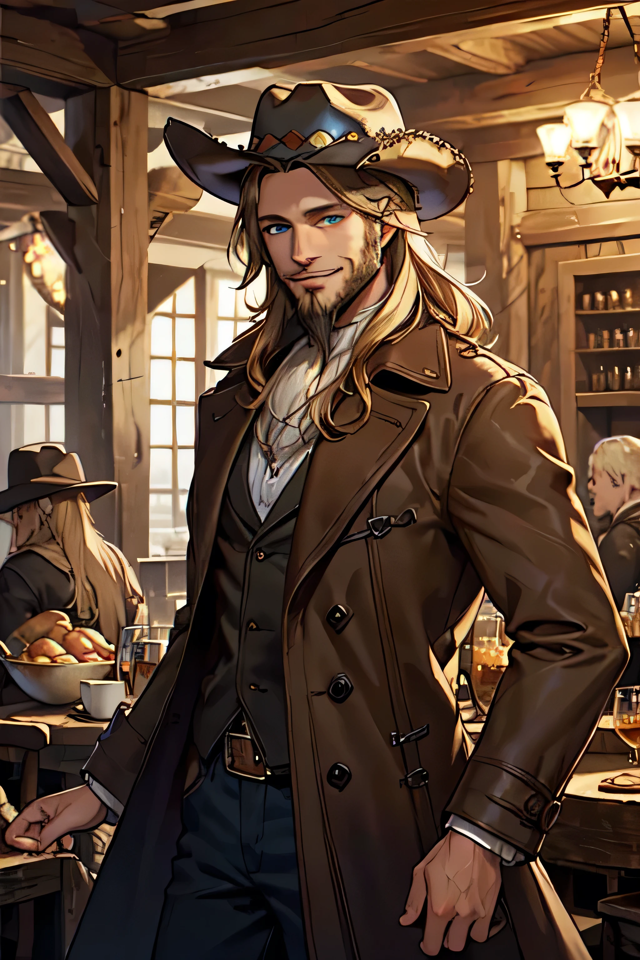 masterpiece,best quality, 30 years old，male， Golden Hair， blue eyes ，tall，Smile， Sharp Eyes ，Cowboy hat，brown coat ，Tavern，rogue，beard