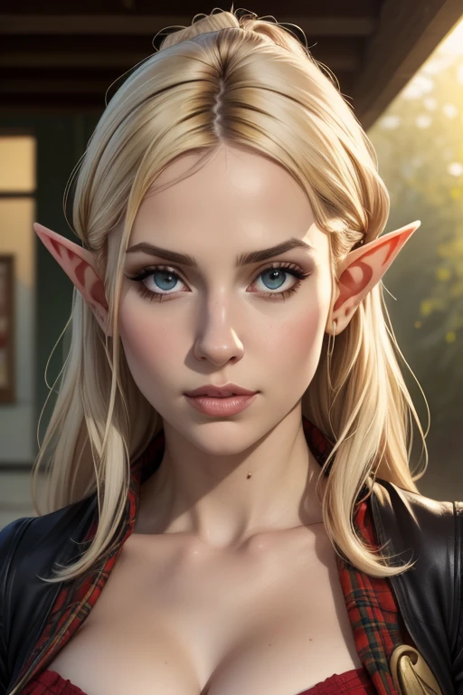 20-year-old blonde elf girl with long hair and blue eyes gives orc in the office. side glance