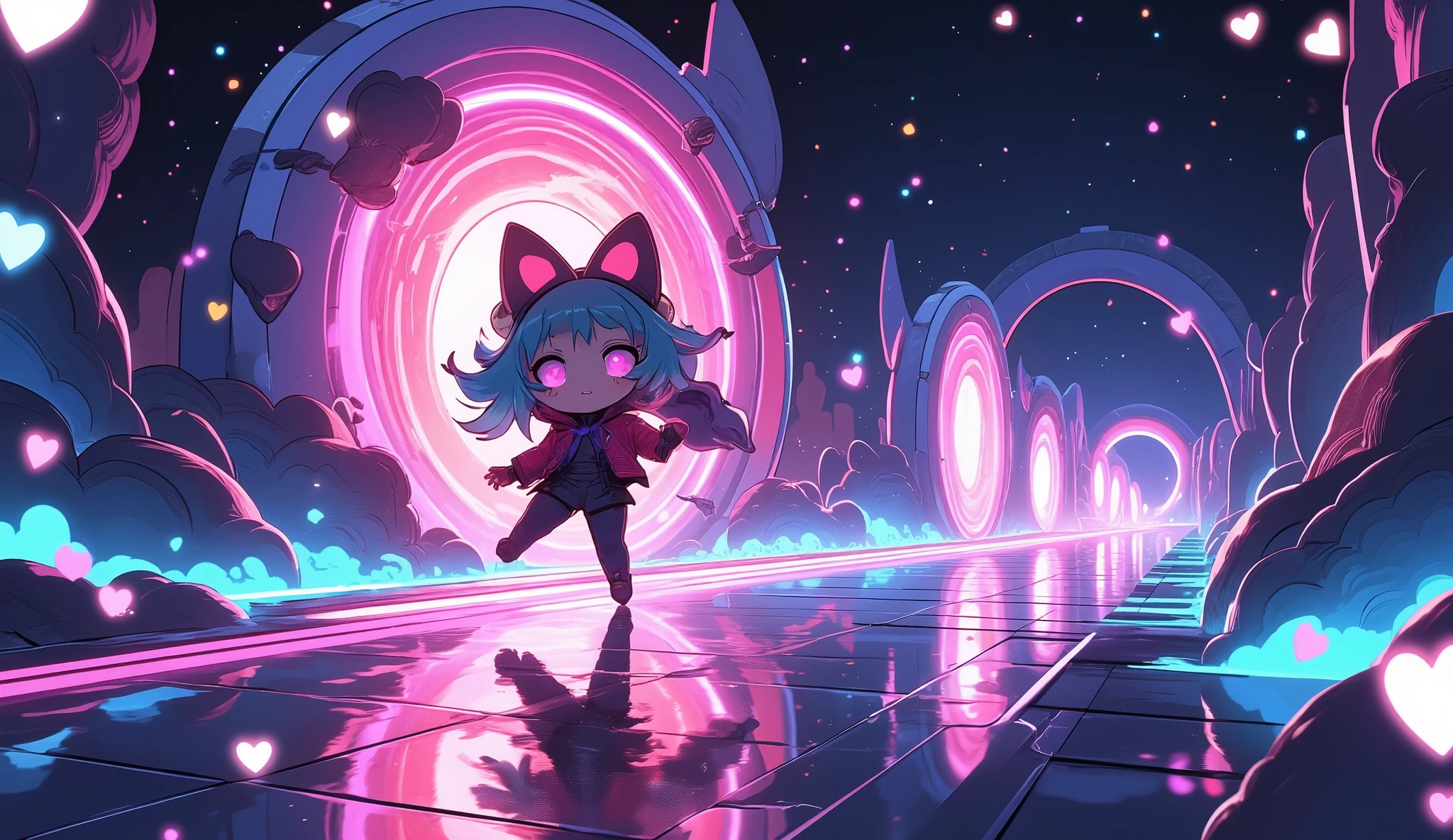 A cute chibi futuristic costume girl is rushing toward the dark space-like long circle portal at the far end. cosmic eyes, cosmic hair color,super vivid color, heart notes, star notes, cute,super pop, sparkle,dynamic, dynamic camera works, dynamic action,anime style,,,cosmic color, colorful concentration lines