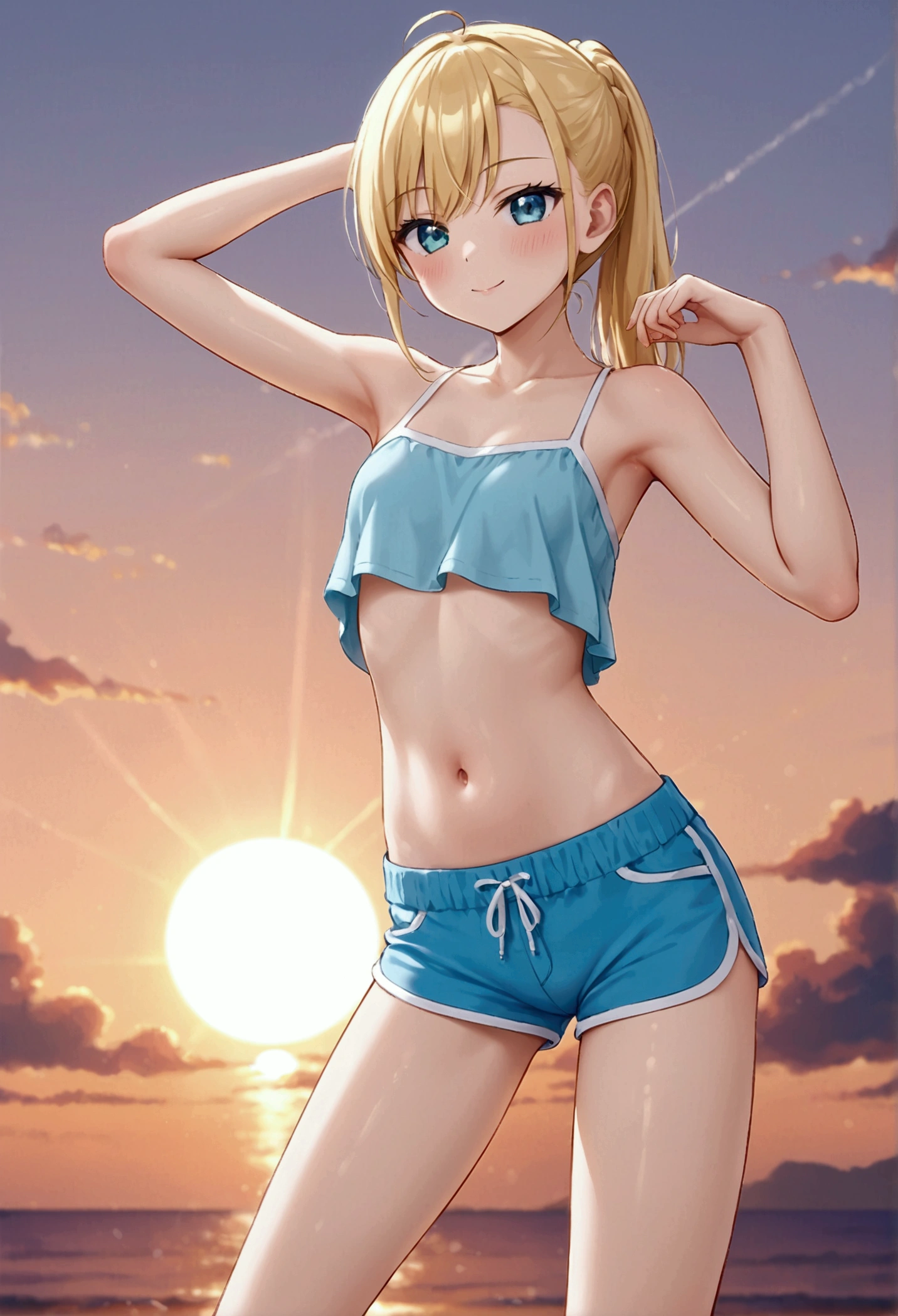 femele,１Child 0 years old,Golden head hair,wide open legs,half squatting,White School Swimsuit,Side Up Ponytail,Blue eyes,Mansuji,A smile,Facing the front,  are see-through,