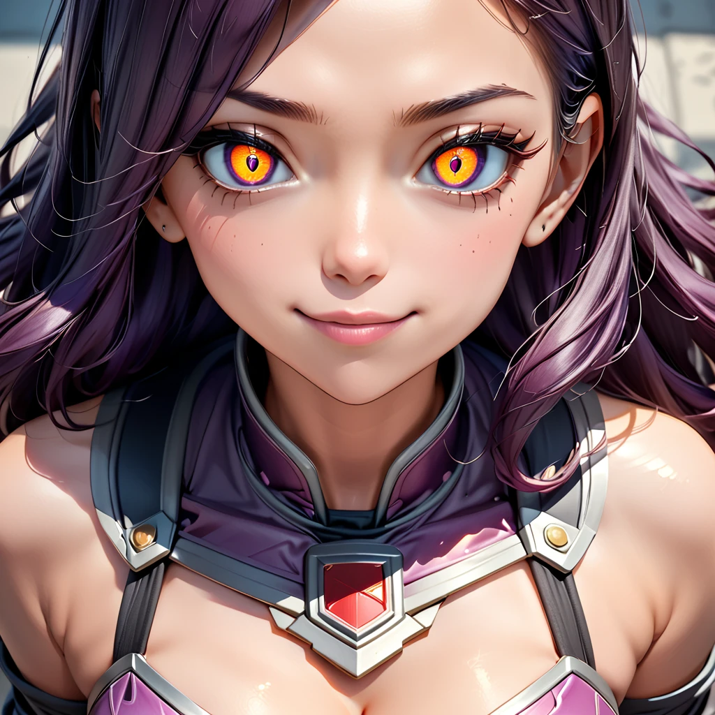 Masterpiece, 4K, HDR, full HD, (best quality), (ultra detailed), (only), intricate ANIME TYPE, best quality, 1girl, ((deep purple hair)) , hyper beautiful face, perfect anatomy, shiny skin, full body, alone, long hair, looking at viewer, perfect hands, perfect legs, super detailed clothes, intricate clothes, hyper detailed cloths, super detailed face, super detailed skin, super detailed quality, expressive eyes, brown eyes, super detailed eyes, JK, epngekatsuragimisato ,  SDXL Illustration Design Beautiful Girl 2D Beautiful Girl Digital Painting Comic Ukiyo-e Watercolor Manga Other,ROUGH, smile, blushing, dynamic pose, American shot, cowboy shot, portrait quality, super detailed hands, super detailed fingers, very beautiful fingers, very beautiful hands, The image created is 3/4 of the body, bright red lipstick, standing facing the viewer, stylized fingers, detailed female fingers, standing, koriandr , long hair, Orange skin,  armor, armor bikini, armor, cleavage, midriff, navel, fingerless gloves, shorts, thigh boots, 